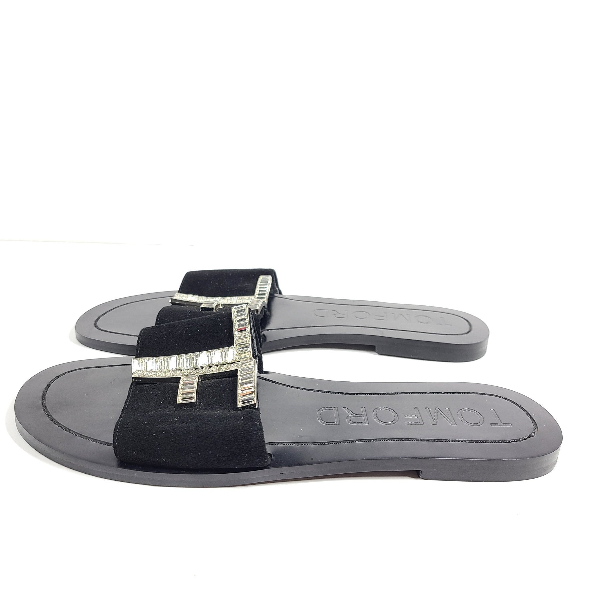 Tom Ford TF Logo Sandals Slides Black Leather Microsuede US 7.5
