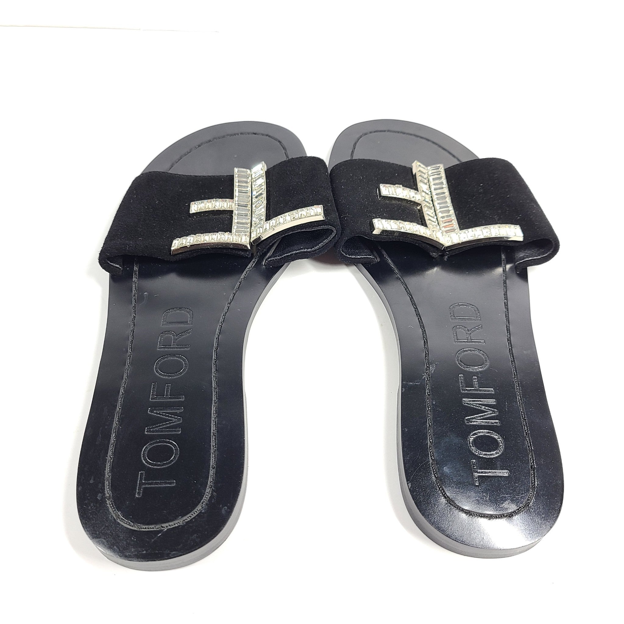 Tom Ford TF Logo Sandals Slides Black Leather Microsuede US 7.5