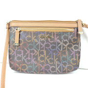 Calvin Klein Monogram Logo Zip Top Swing Bag Crossbody Brown Multicolor Logo