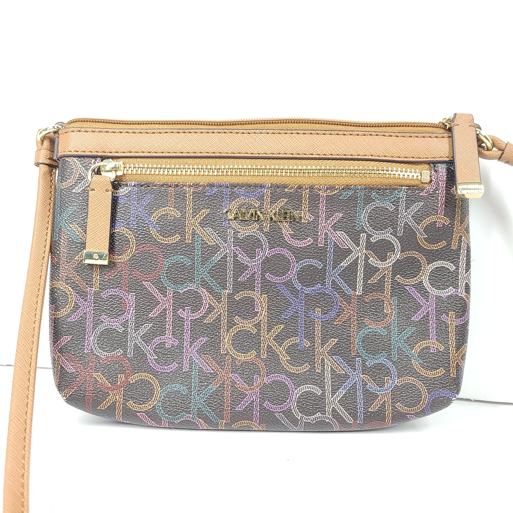 Calvin Klein Monogram Logo Zip Top Swing Bag Crossbody Brown Multicolor Logo
