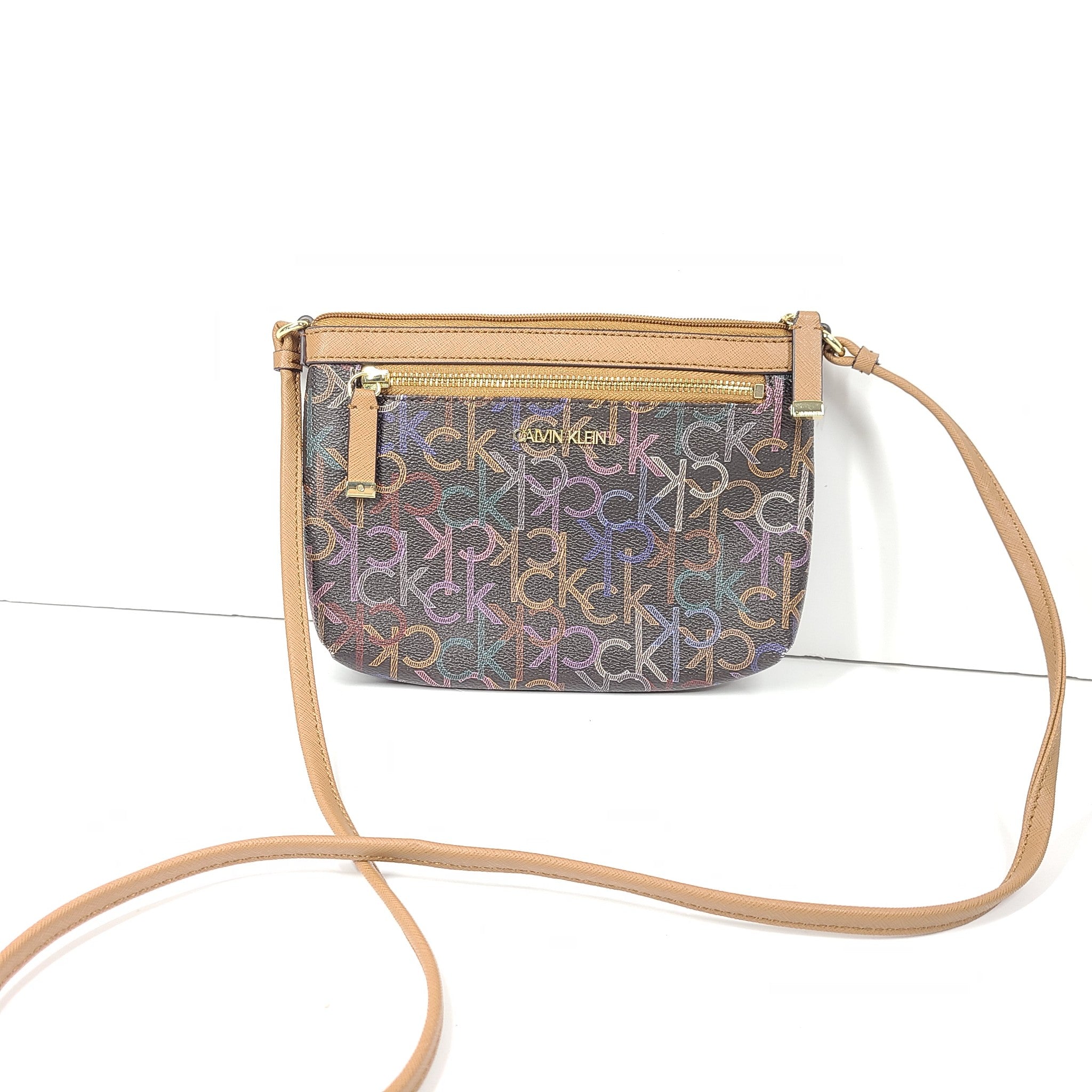 Calvin Klein Monogram Logo Zip Top Swing Bag Crossbody Brown Multicolor Logo