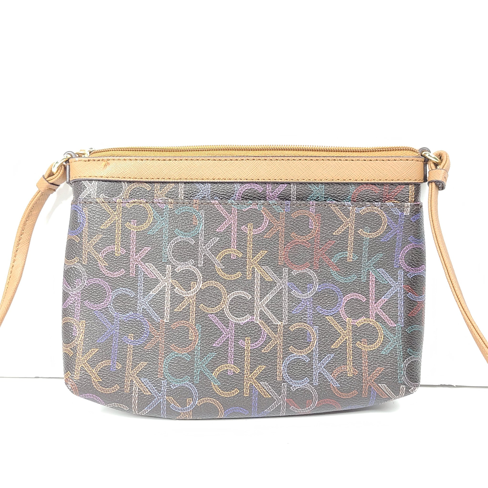 Calvin Klein Monogram Logo Zip Top Swing Bag Crossbody Brown Multicolor Logo