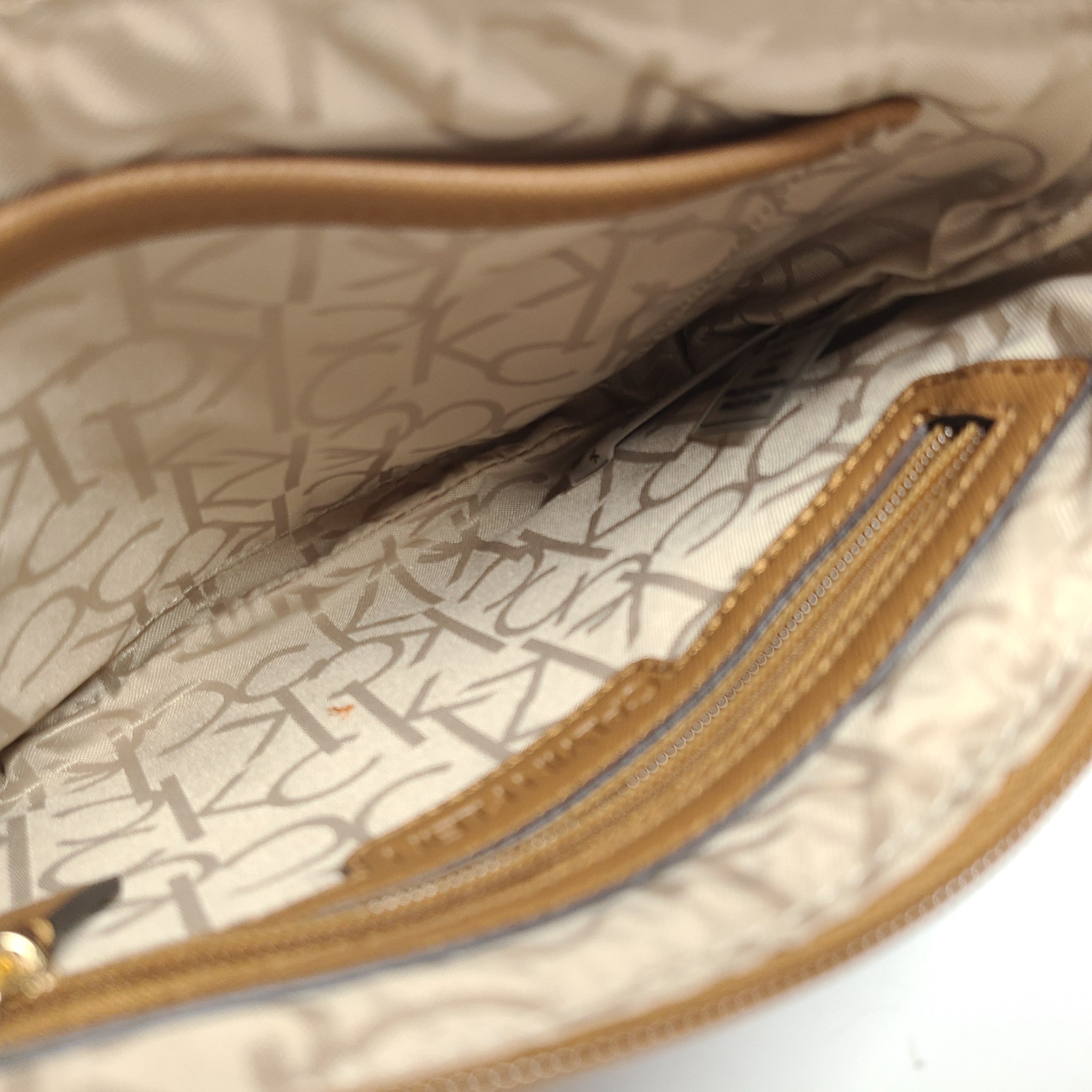 Calvin Klein Monogram Logo Zip Top Swing Bag Crossbody Brown Multicolor Logo