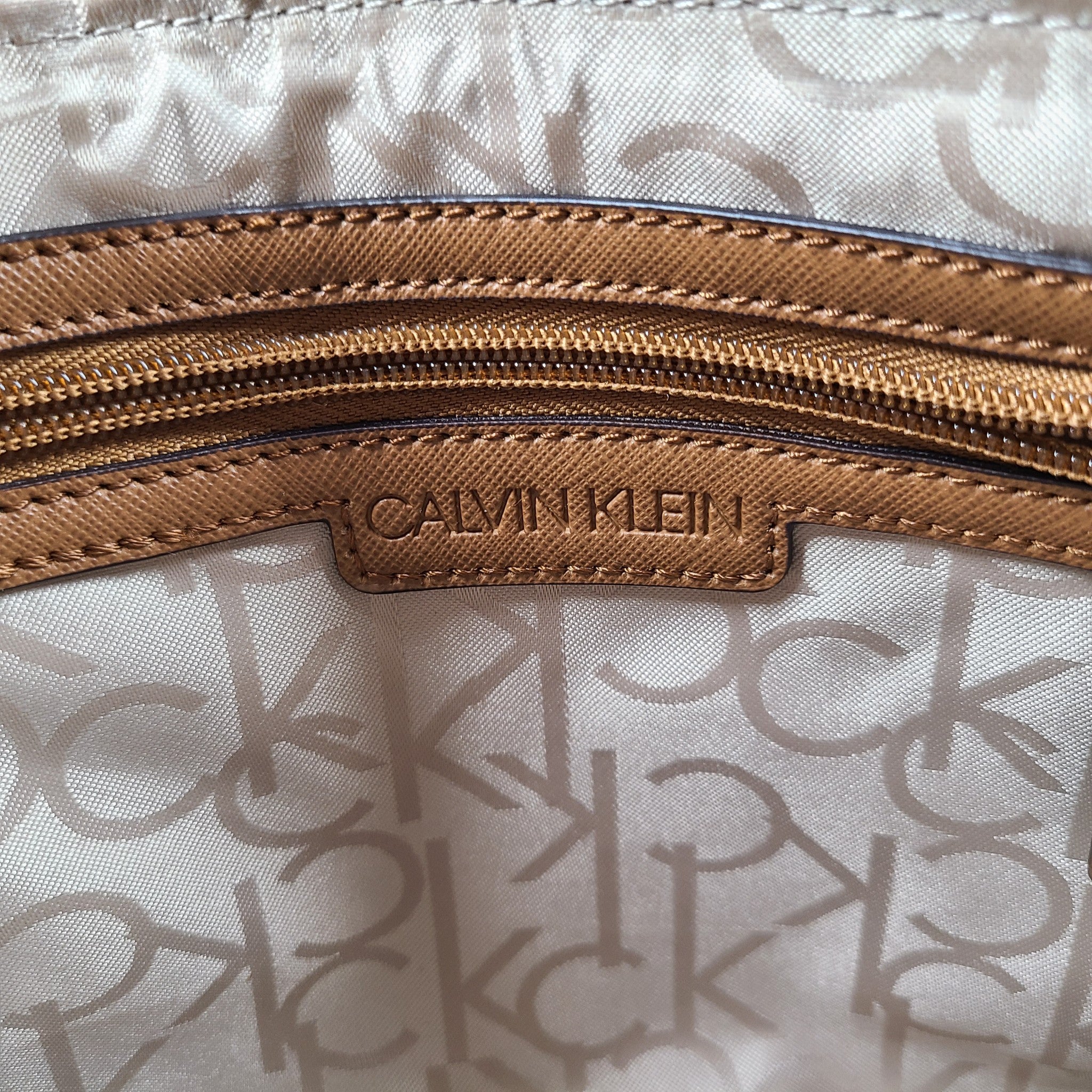 Calvin Klein Monogram Logo Zip Top Swing Bag Crossbody Brown Multicolor Logo
