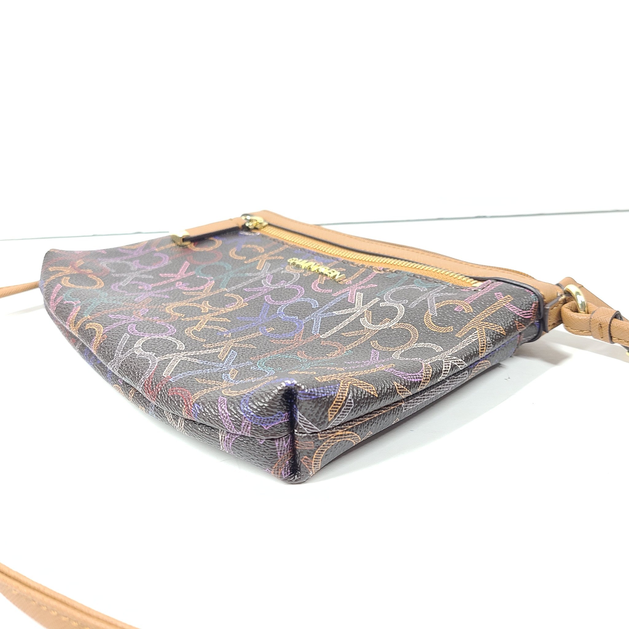 Calvin Klein Monogram Logo Zip Top Swing Bag Crossbody Brown Multicolor Logo