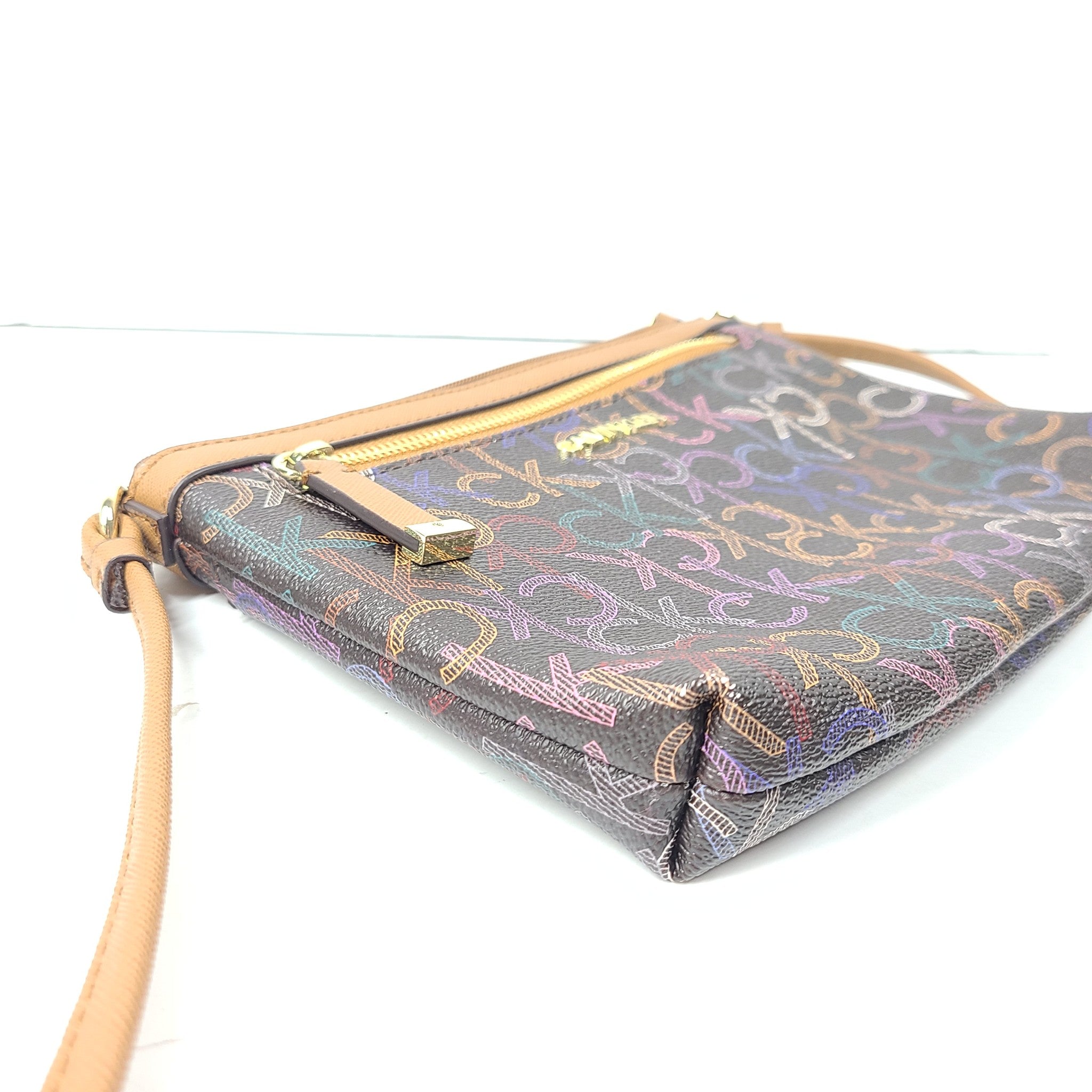 Calvin Klein Monogram Logo Zip Top Swing Bag Crossbody Brown Multicolor Logo