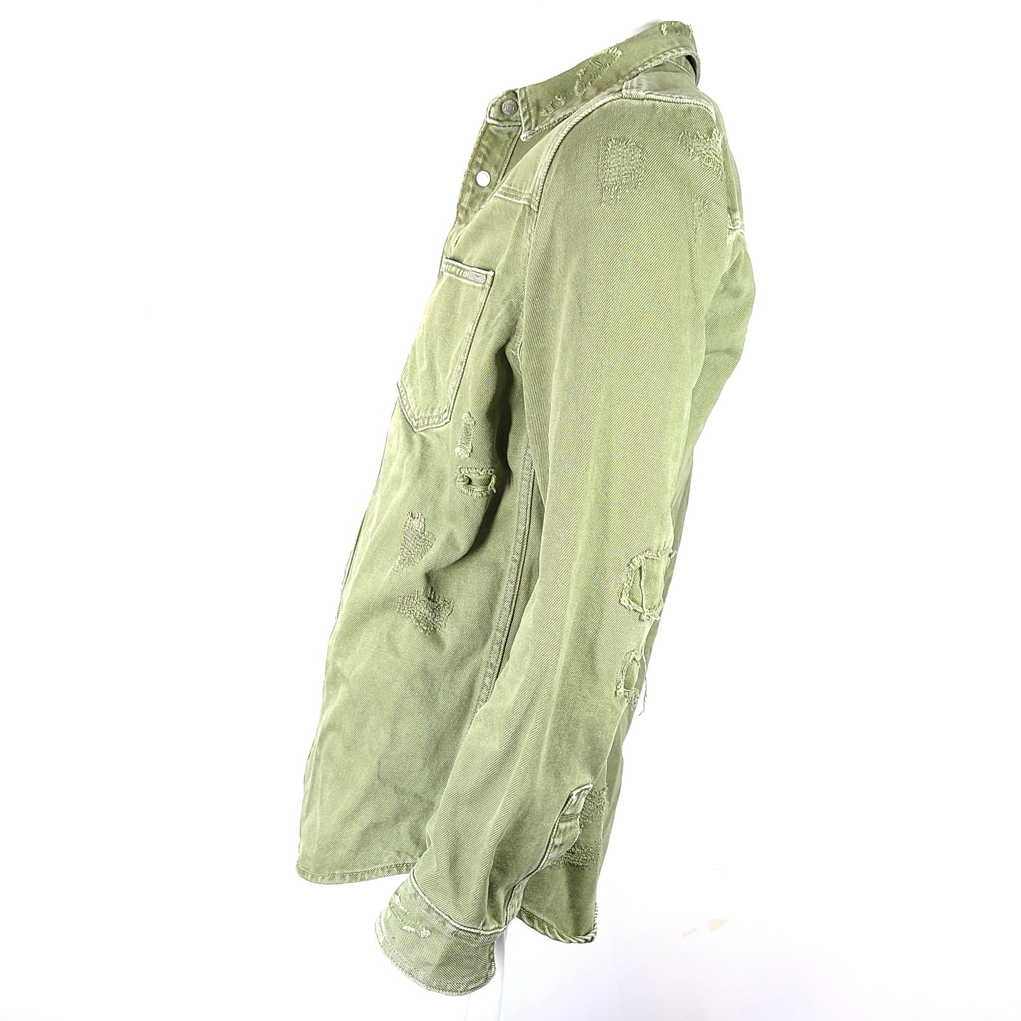 Zara Men's Ripped Denim Overshirt Khaki Green 6917/450/505 Sz L