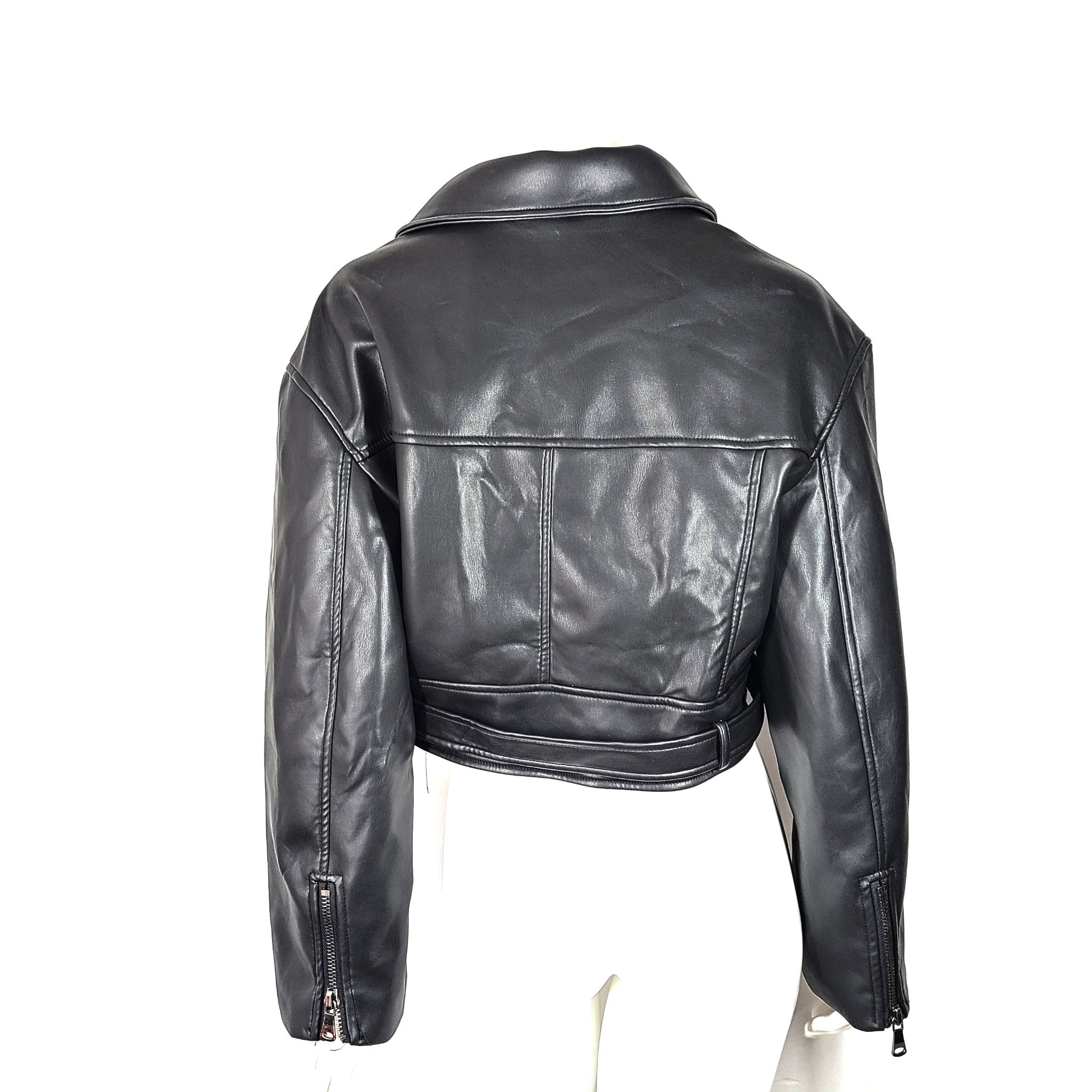 Lioness Women's Oversized Moto Vegan Leather Jacket w Belt Black Sz S