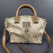 DKNY Elissa Small Leather/PVC Crossbody Satchel Handbag Monogram Logo Brown