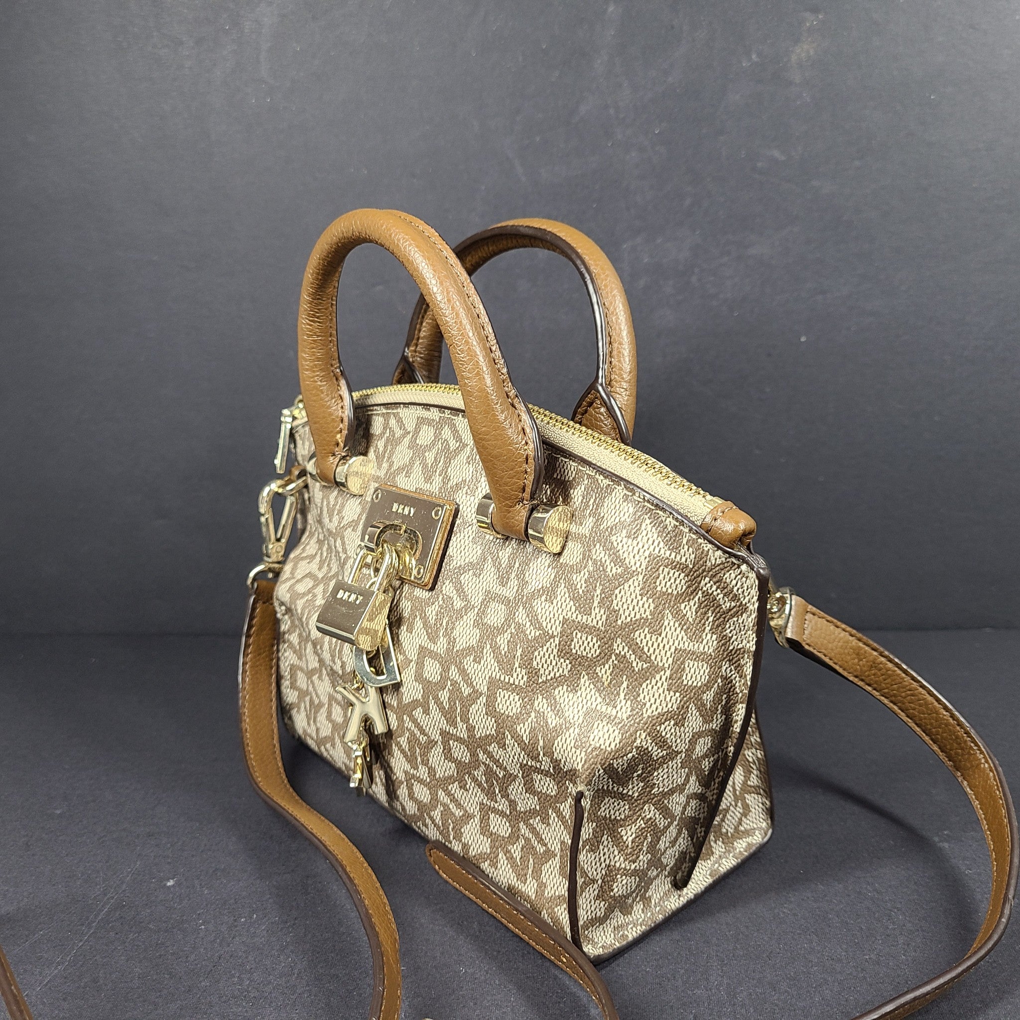 DKNY Elissa Small Leather/PVC Crossbody Satchel Handbag Monogram Logo Brown