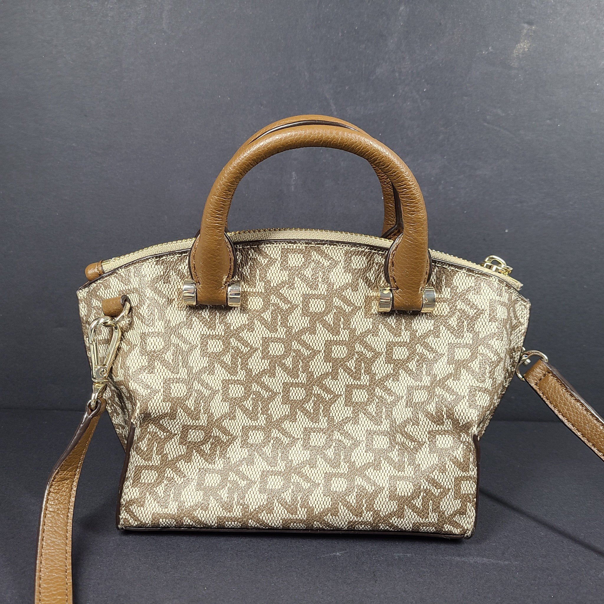 DKNY Elissa Small Leather/PVC Crossbody Satchel Handbag Monogram Logo Brown