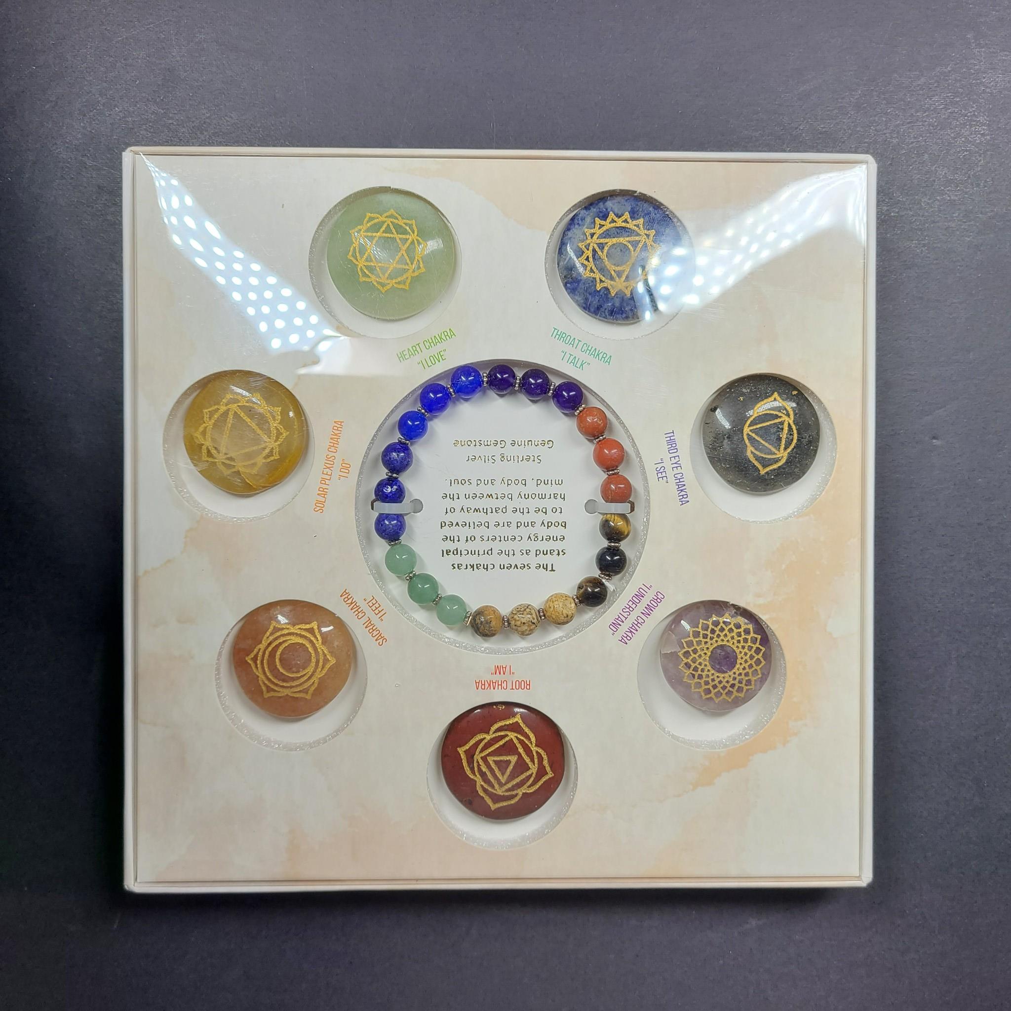 Chakra Stretch Bracelet & 7 Spiritual Energy Crystals Gift Box Set Silver