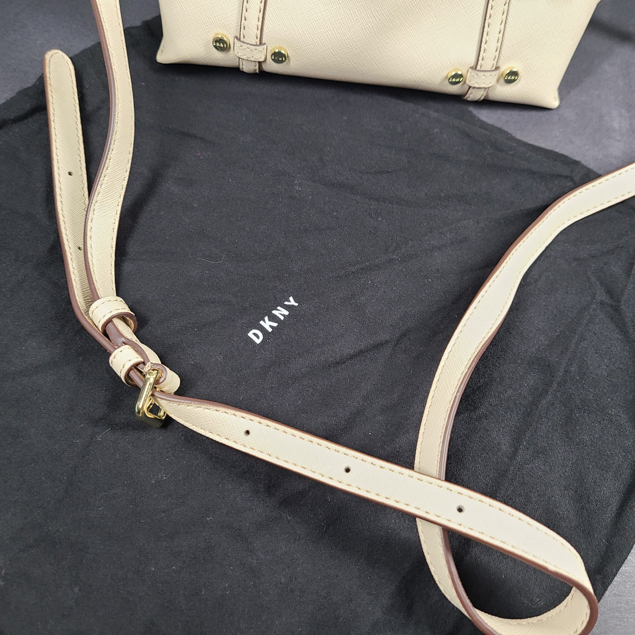 DKNY Women's Bo Mini Crossbody Bag Coated Saffiano Leather Beige Gold $180