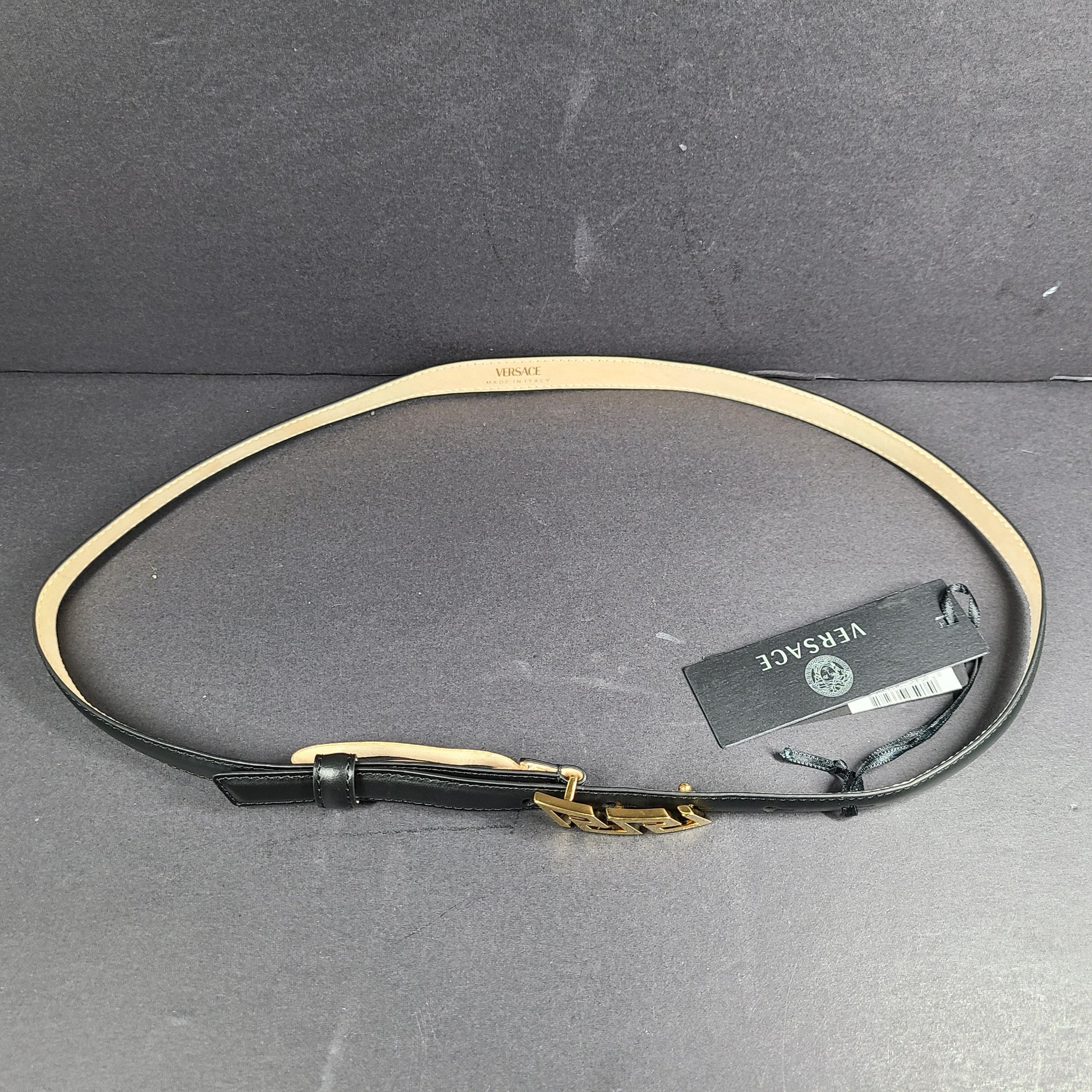 Versace Women's Greca Belt Black and Gold Leather 1004006.DV3T