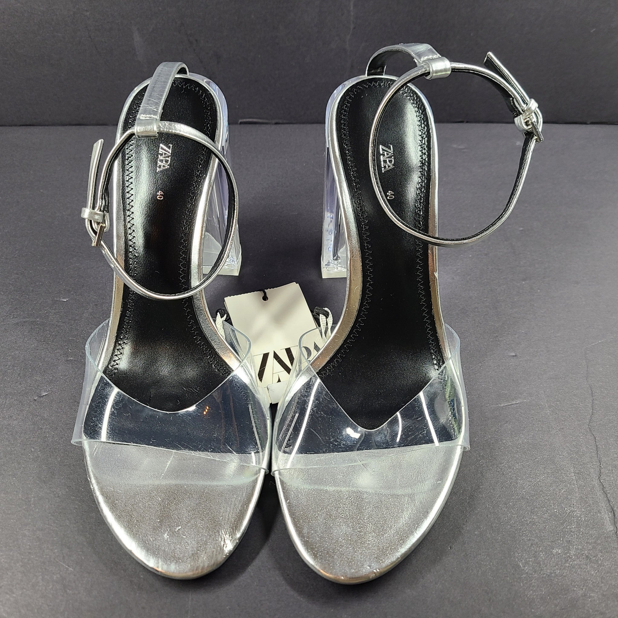 Zara Silver Clear Vinyl Block Heel Open Toe Ankle Strap Sandals Shoes Sz 9