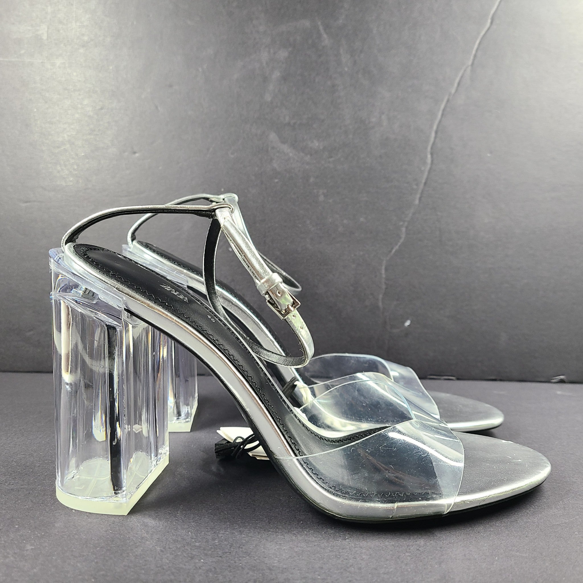 Zara Silver Clear Vinyl Block Heel Open Toe Ankle Strap Sandals Shoes Sz 9