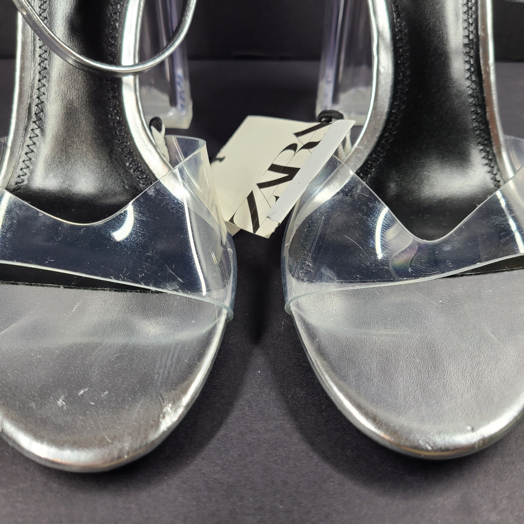 Zara Silver Clear Vinyl Block Heel Open Toe Ankle Strap Sandals Shoes Sz 9