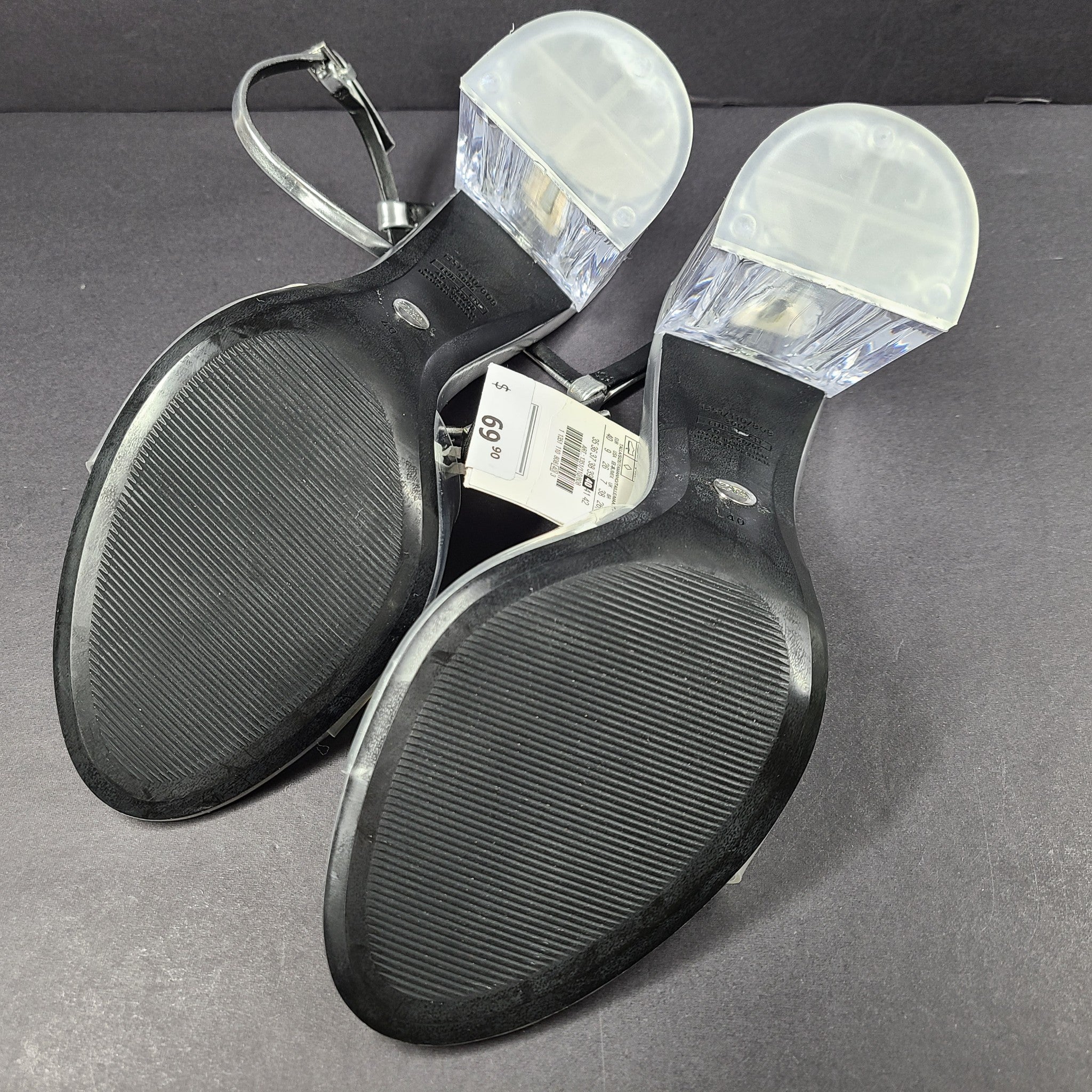 Zara Silver Clear Vinyl Block Heel Open Toe Ankle Strap Sandals Shoes Sz 9