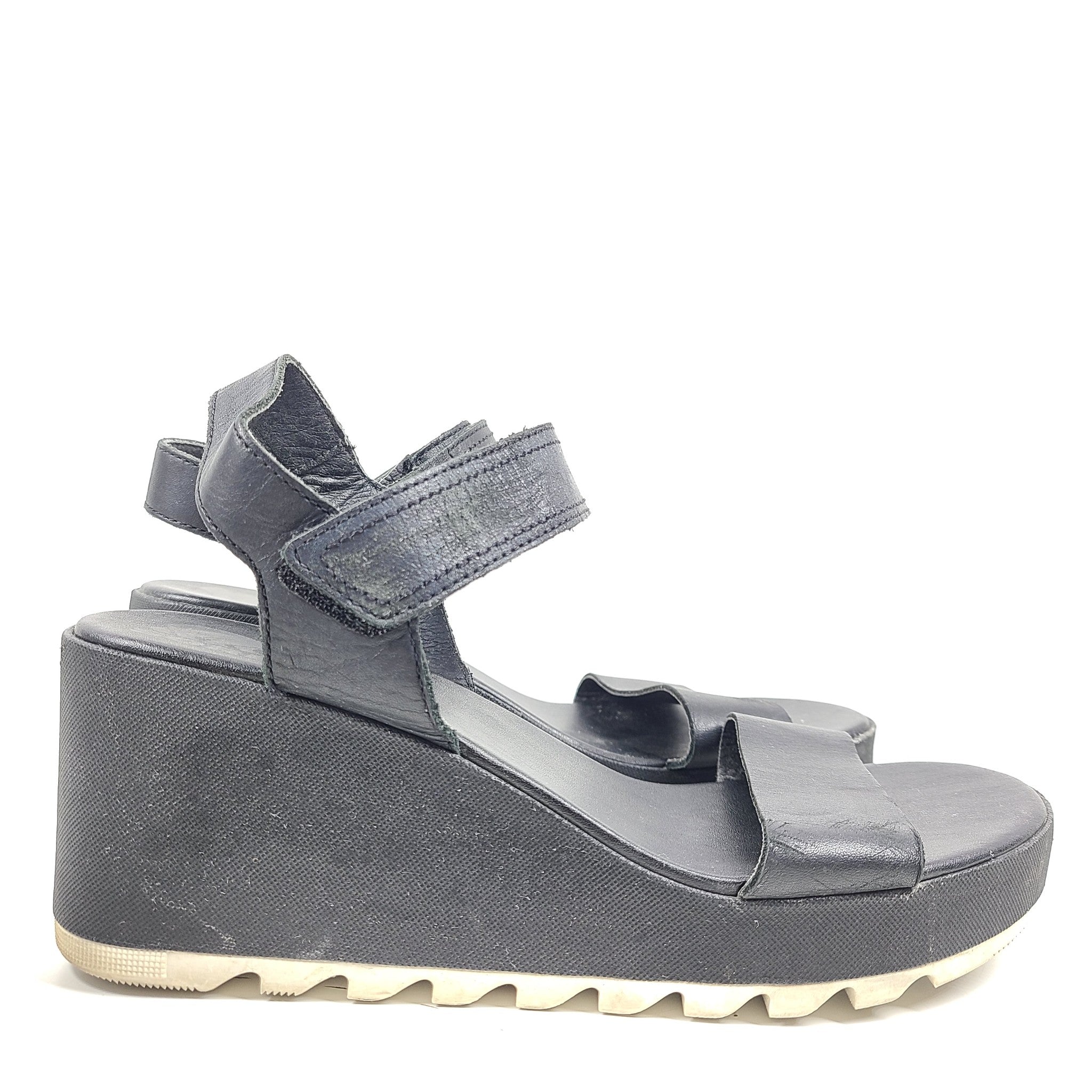 SOREL Cameron Wedge Leather Sandals Black Platform Ankle Strap Comfort Sz 10