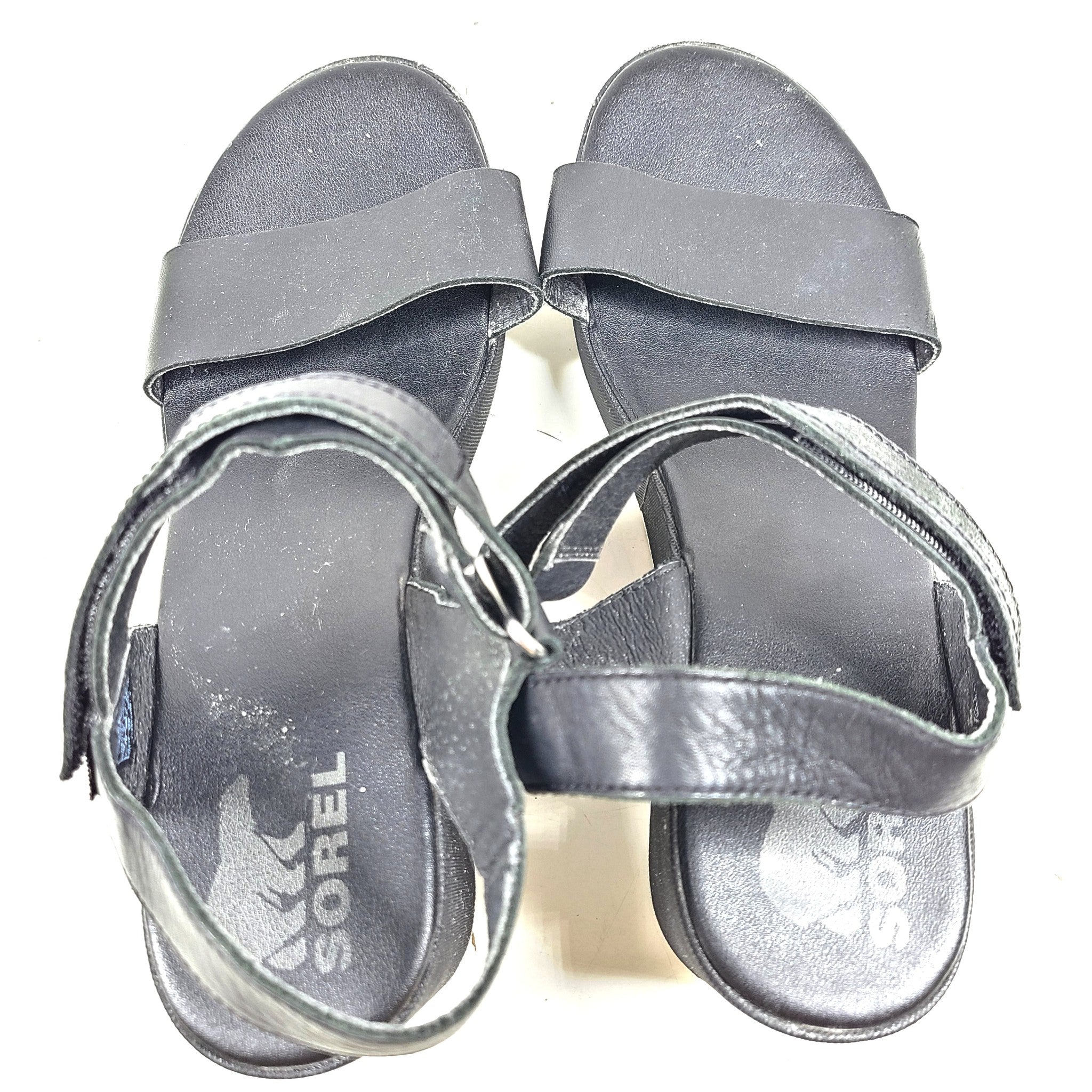 SOREL Cameron Wedge Leather Sandals Black Platform Ankle Strap Comfort Sz 10
