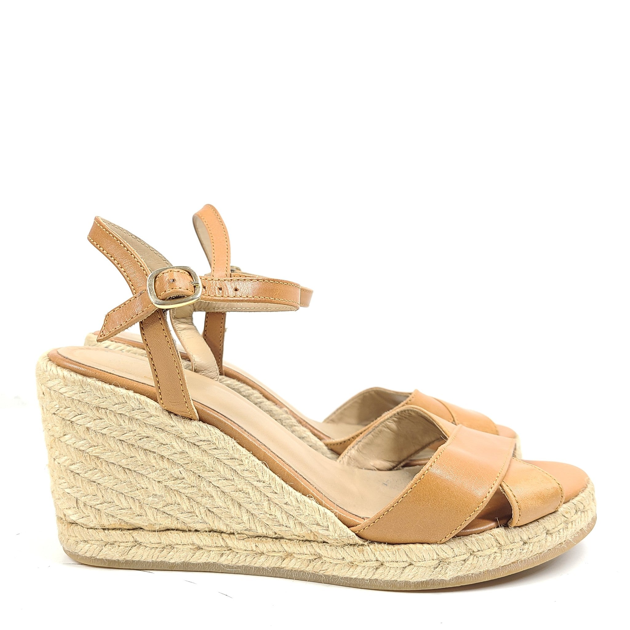 Bobbies Rope Low Wedge Sandals Ankle Strap Espadrilles Caramel Brown US 8.5