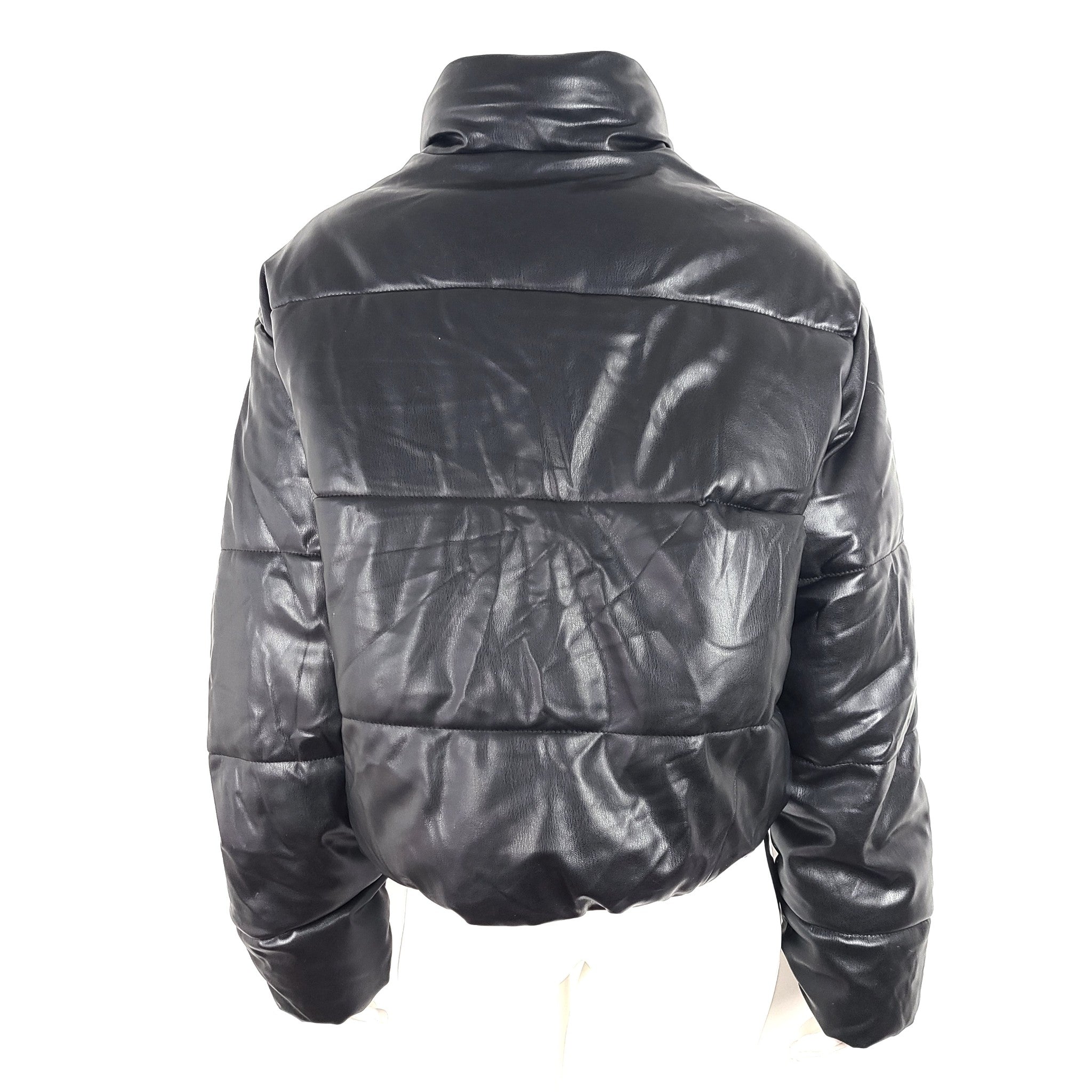 Zara Women's Faux Leather Puffer Jacket Coat Short Black Sz XL