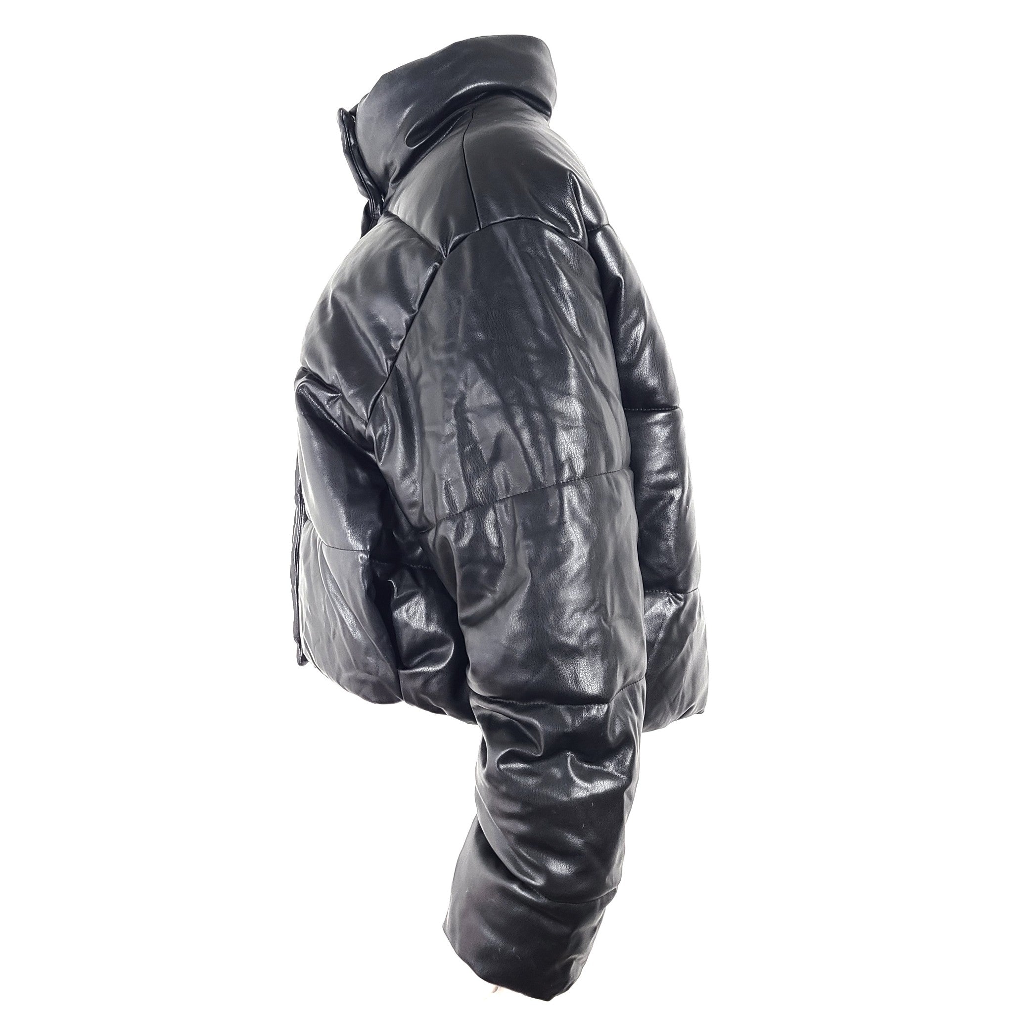 Zara Women's Faux Leather Puffer Jacket Coat Short Black Sz XL