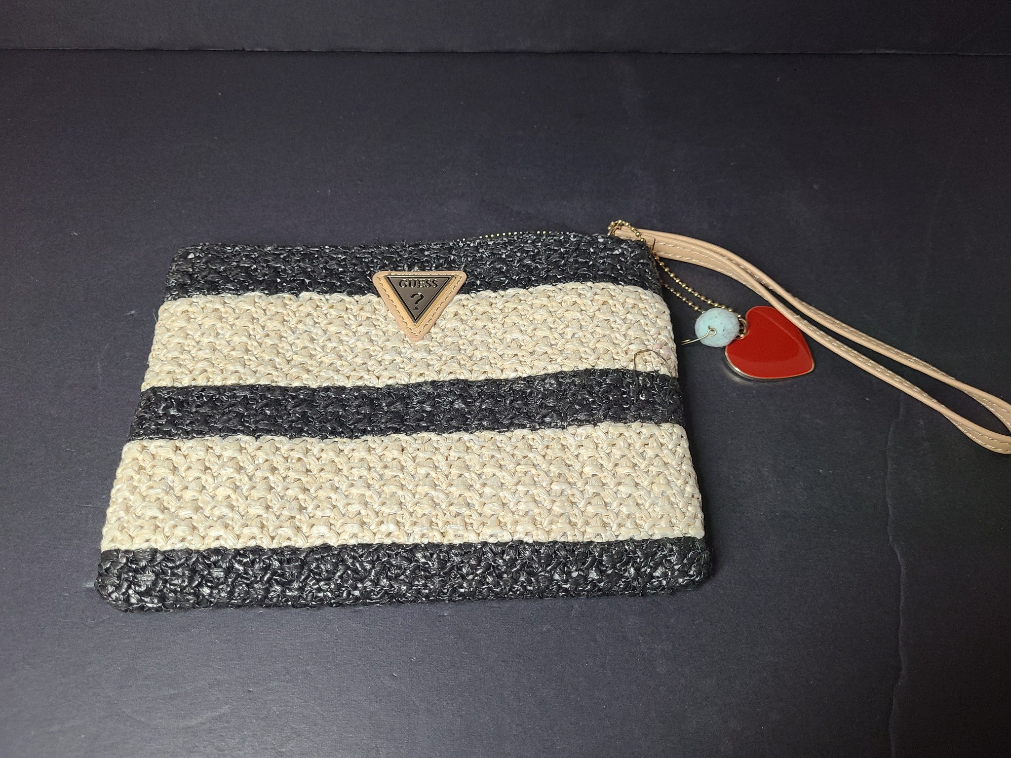 Guess Women's Straw Raffia Clutch Bag Striped Beige/Black