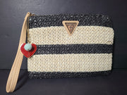 Guess Women's Straw Raffia Clutch Bag Striped Beige/Black