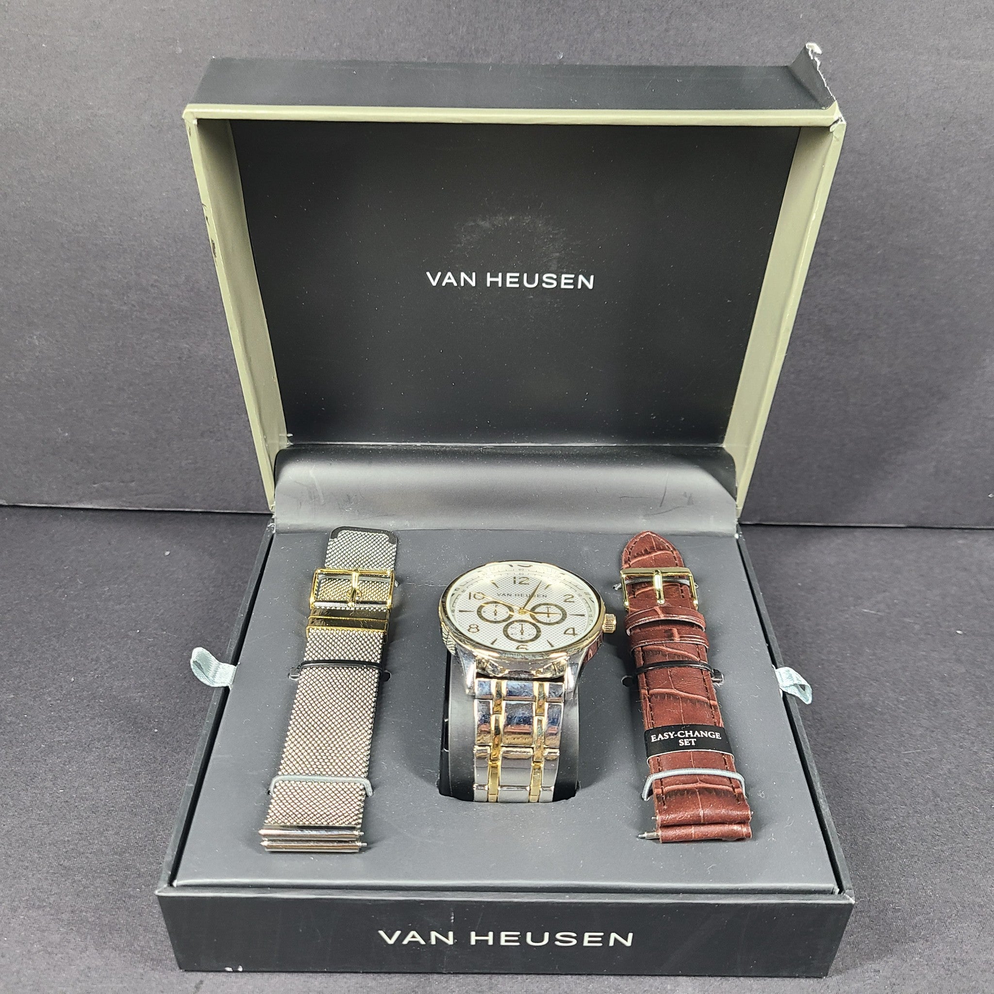 Van Heusen Men's 3 in 1 Two Tone Interchangeable Watch Set Leather Mesh Band