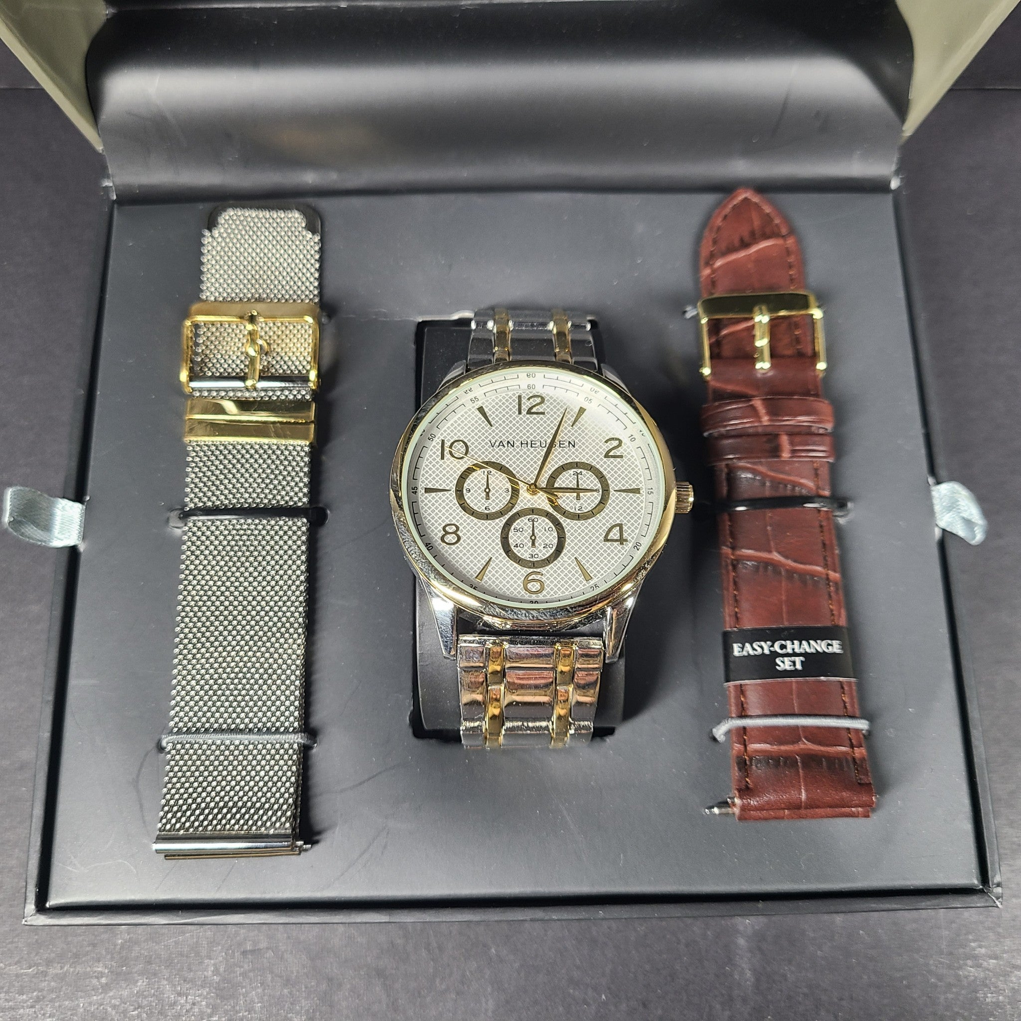 Van Heusen Men's 3 in 1 Two Tone Interchangeable Watch Set Leather Mesh Band