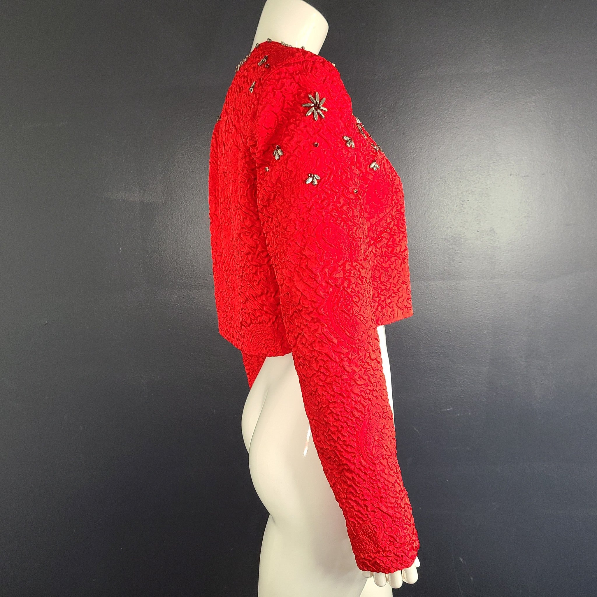 Karen Millen Crystal Embellished Blazer Jacket Beads Sequins Cropped Red Sz 10