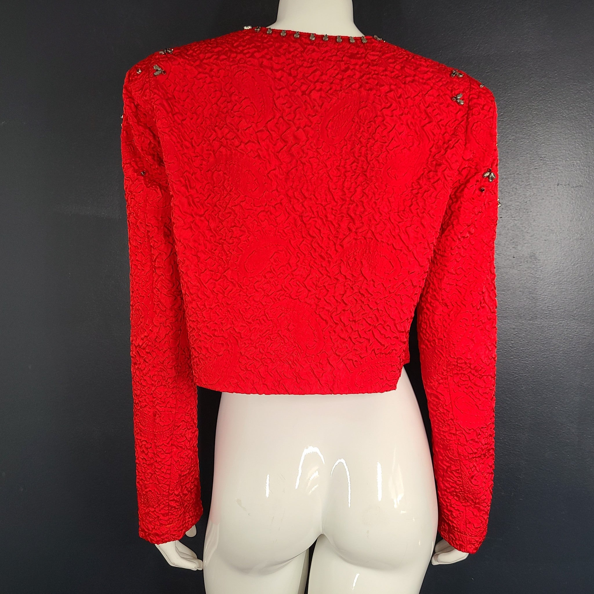 Karen Millen Crystal Embellished Blazer Jacket Beads Sequins Cropped Red Sz 10