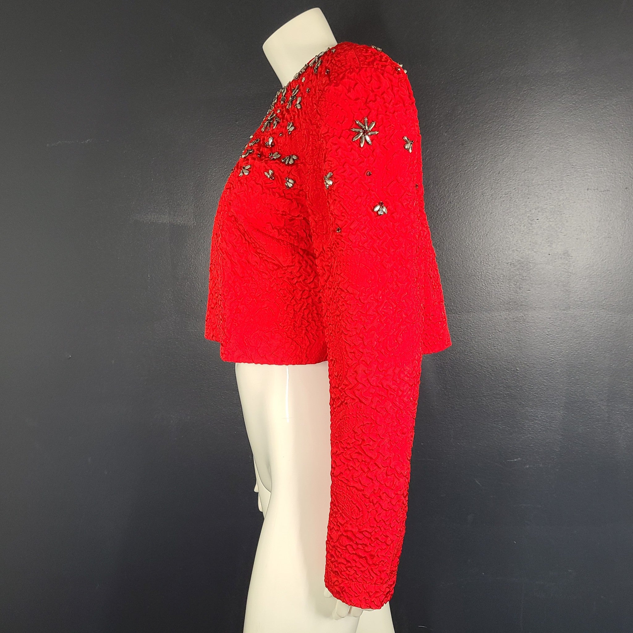 Karen Millen Crystal Embellished Blazer Jacket Beads Sequins Cropped Red Sz 10