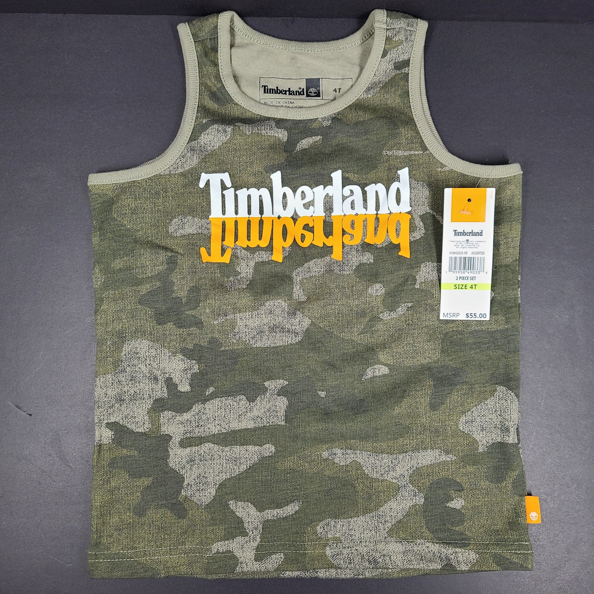 2 Pc Set Timberland Boys Shorts + Tank Top Soft Cotton Camo Beige Sz 4T