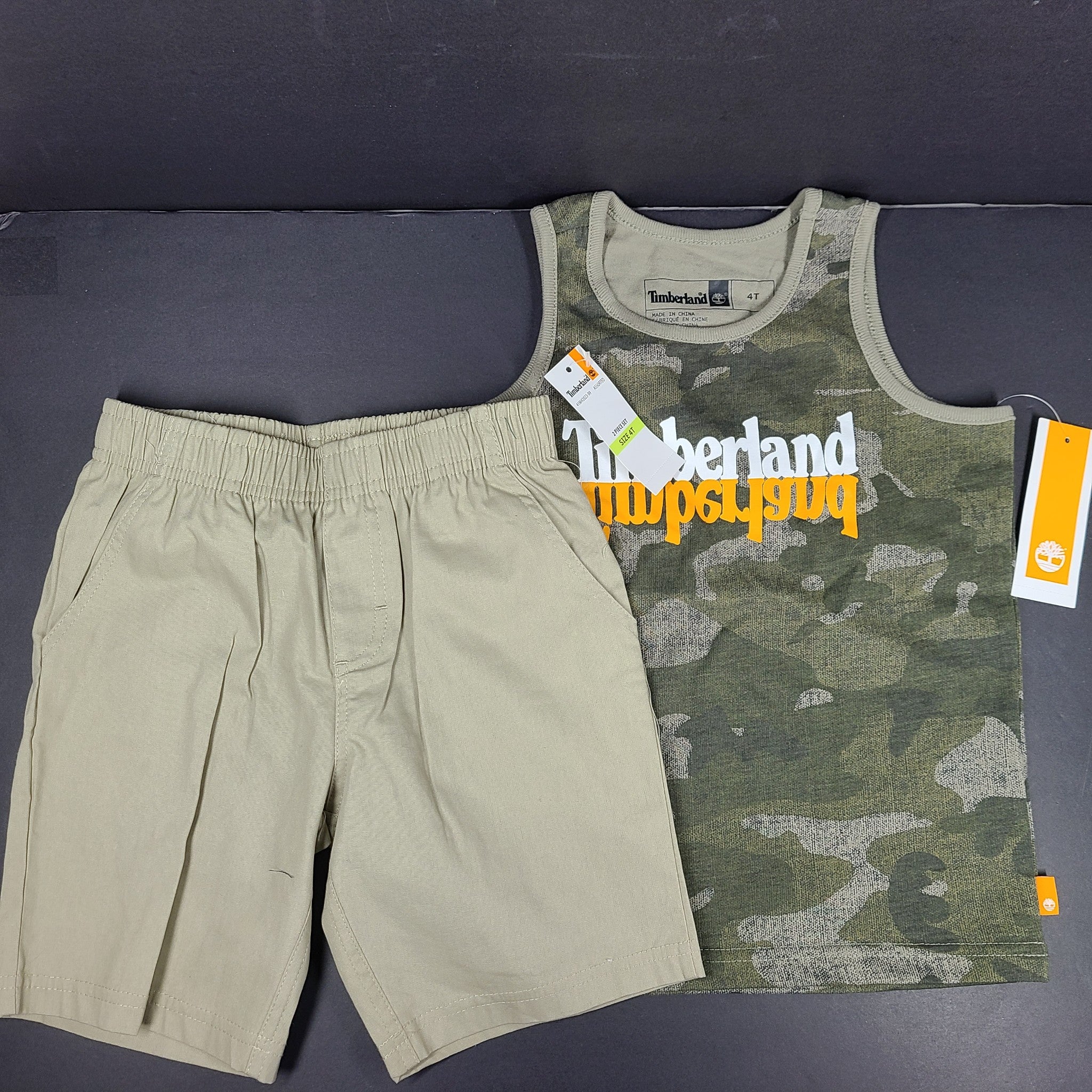2 Pc Set Timberland Boys Shorts + Tank Top Soft Cotton Camo Beige Sz 4T