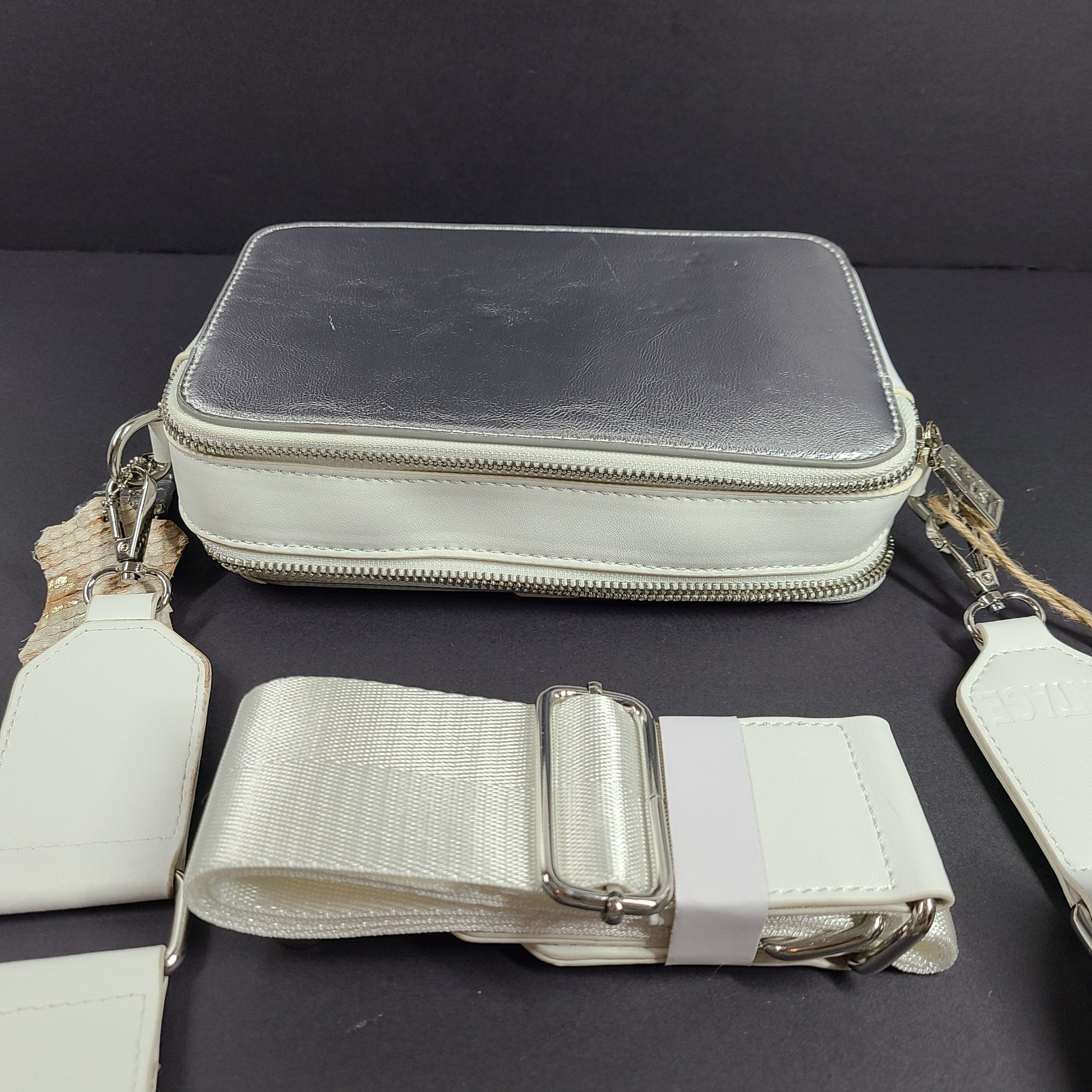 Vintage Havana Meme Handbag Crossbody Shoulder Purse Silver Metallic White
