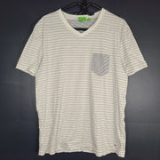 Hugo Boss Green Men's C-Eraldo 1 Luxury Cotton T-Shirt V-Neck Striped White Sz L