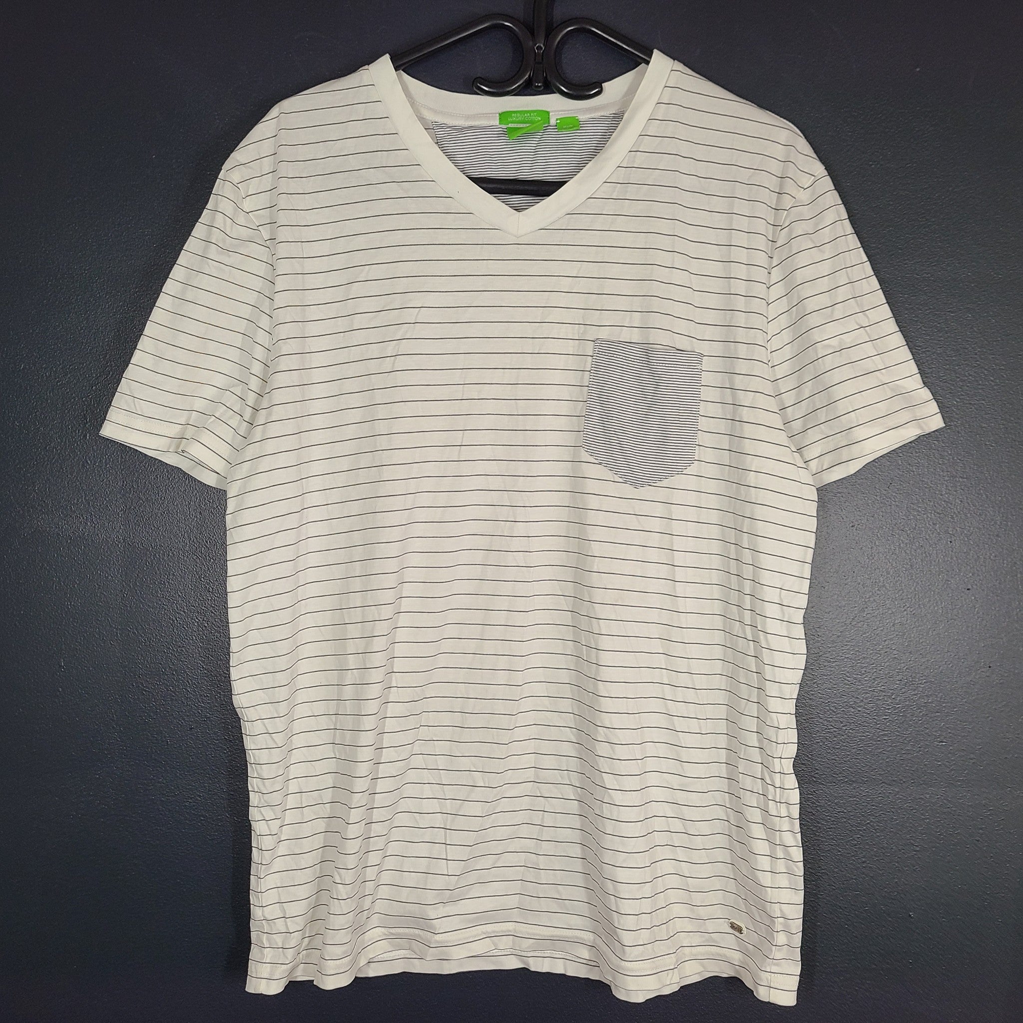 Hugo Boss Green Men's C-Eraldo 1 Luxury Cotton T-Shirt V-Neck Striped White Sz L