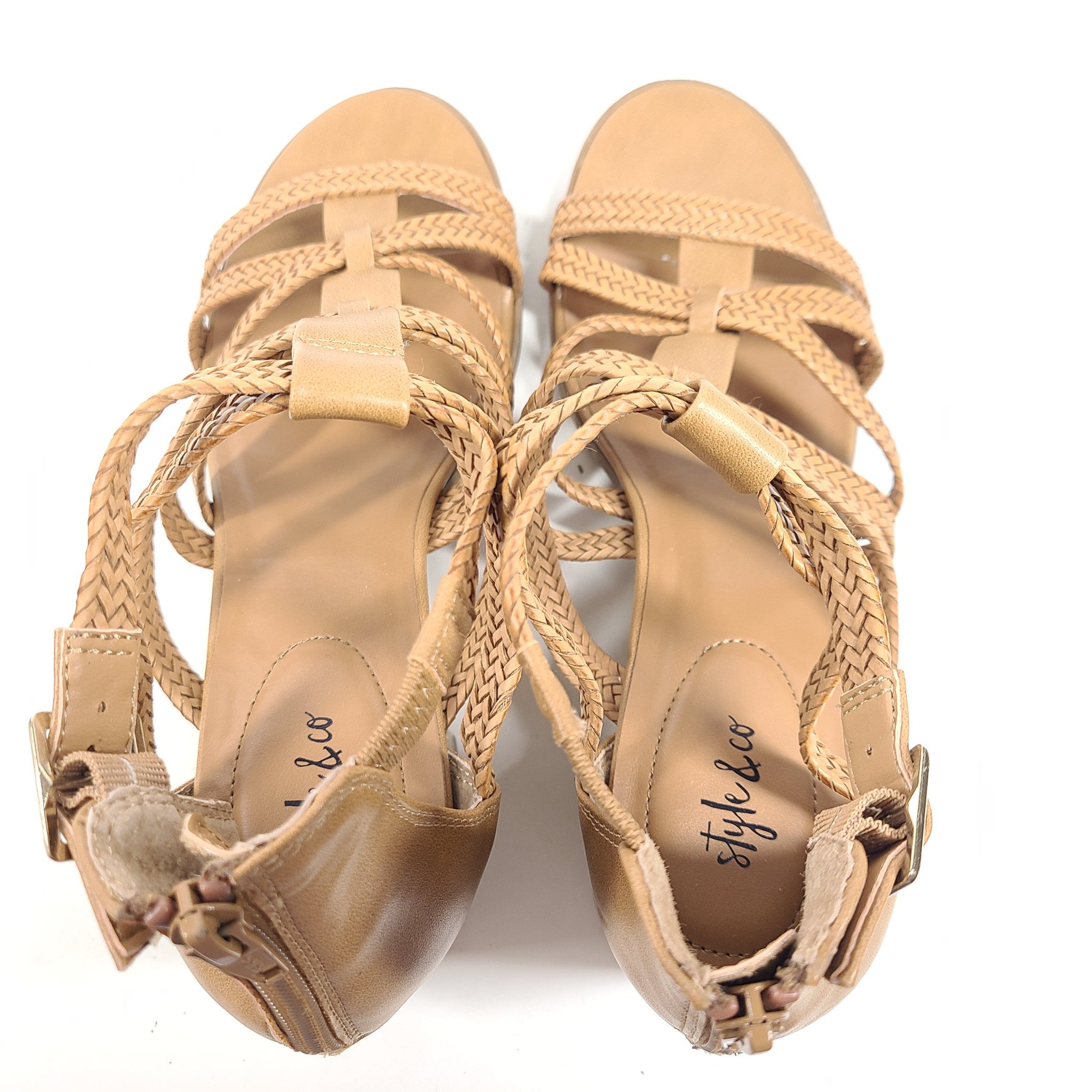 Style & Co. Women's Josettee Strappy Block-Heel Faux Leather Sandals Beige Sz 9