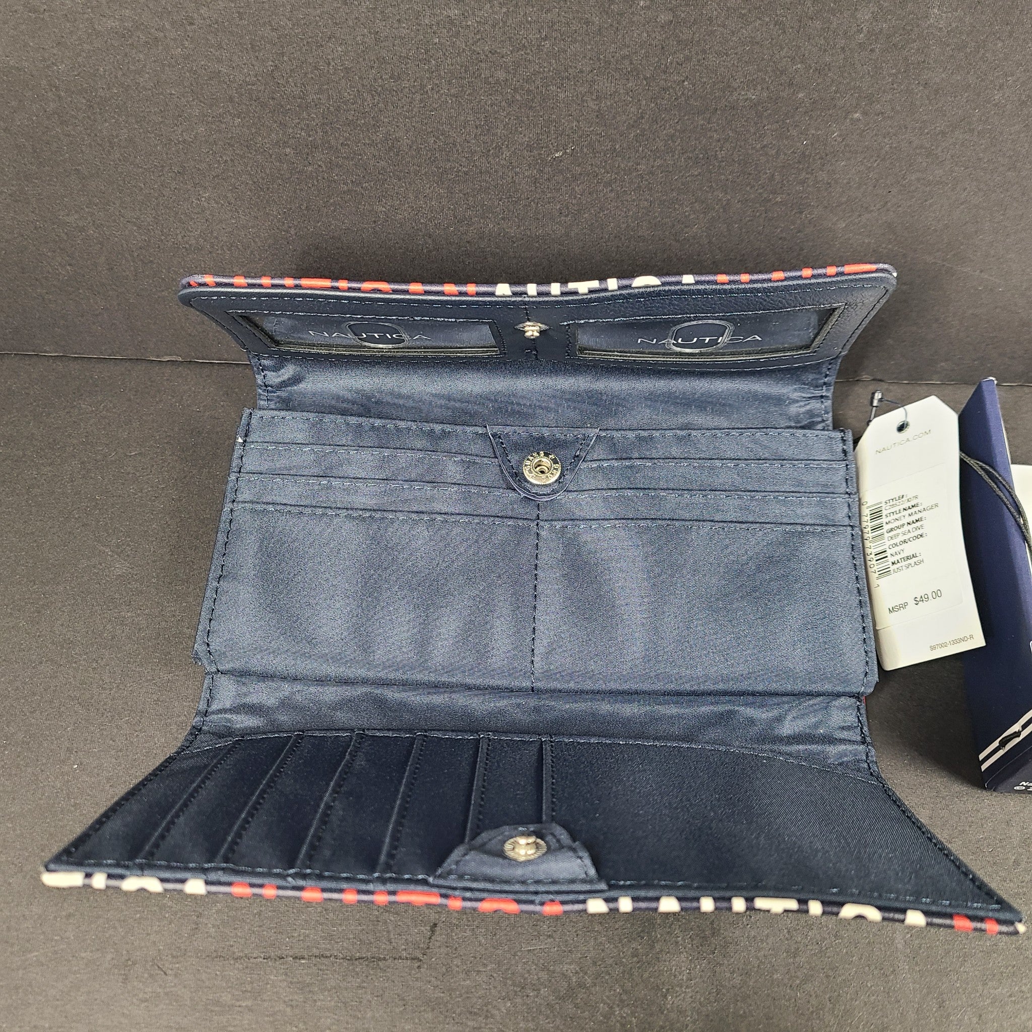 Nautica Money Manager Continental Wallet Gift Box Logo Print Navy Blue NWT