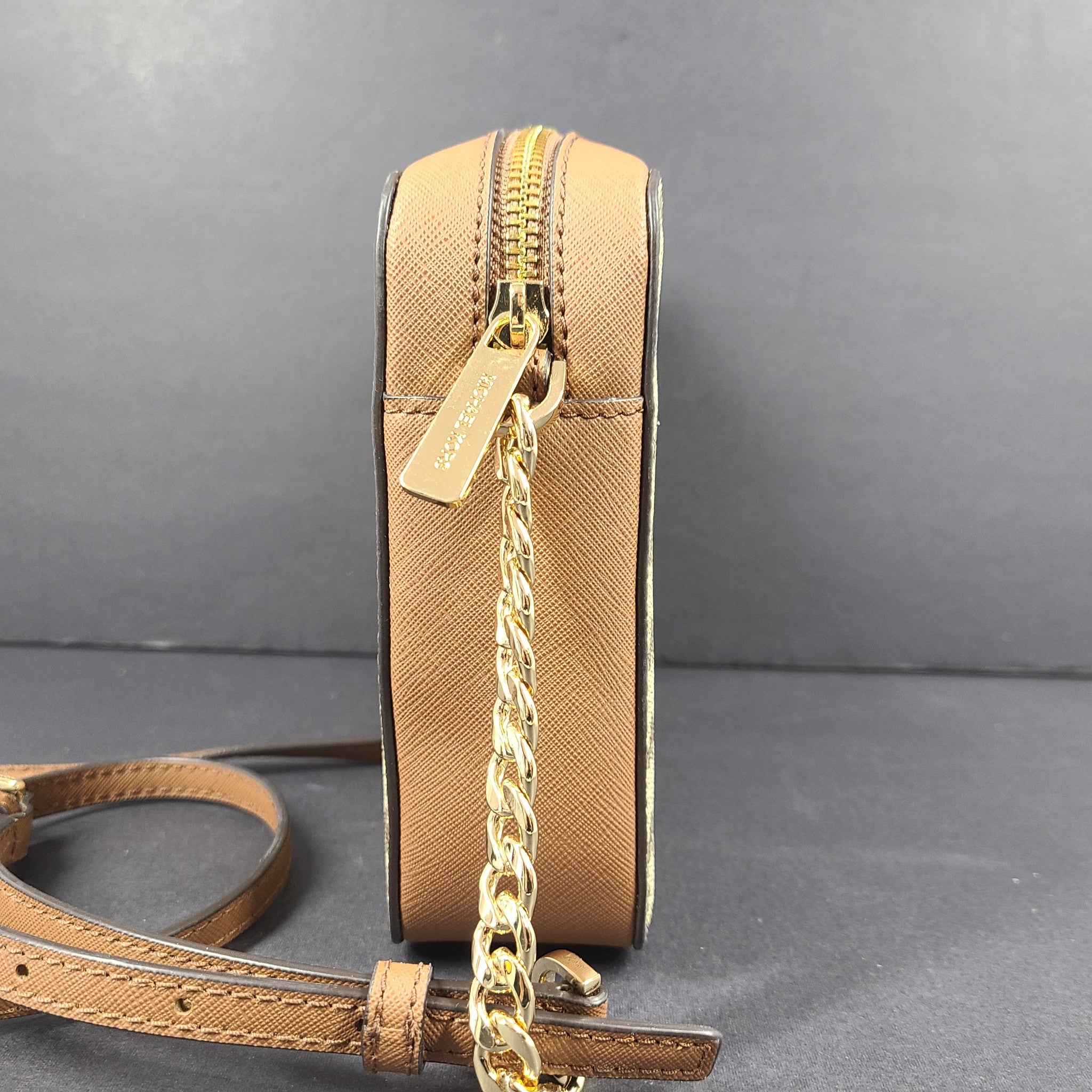 Michael Kors Jet Set Charm Leather Crossbody Logo Large East/West Bag Brown Gold