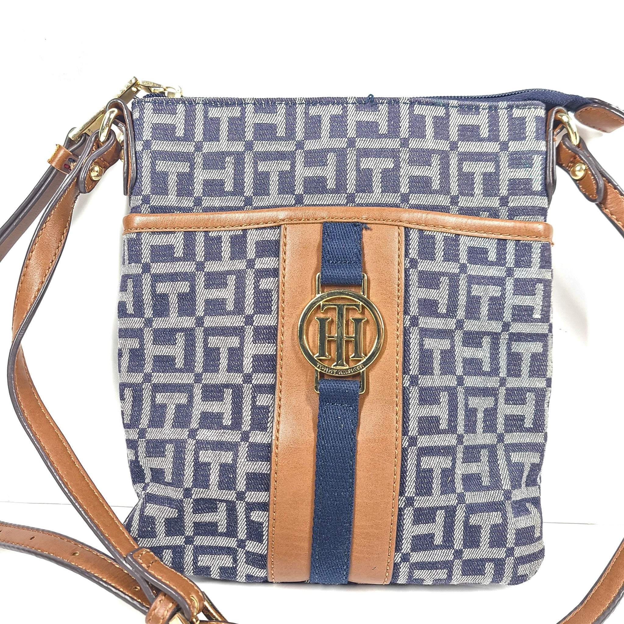 Tommy Hilfiger Crossbody Strap Jaden Plus HandBag Zippered Logo Print Brown Blue