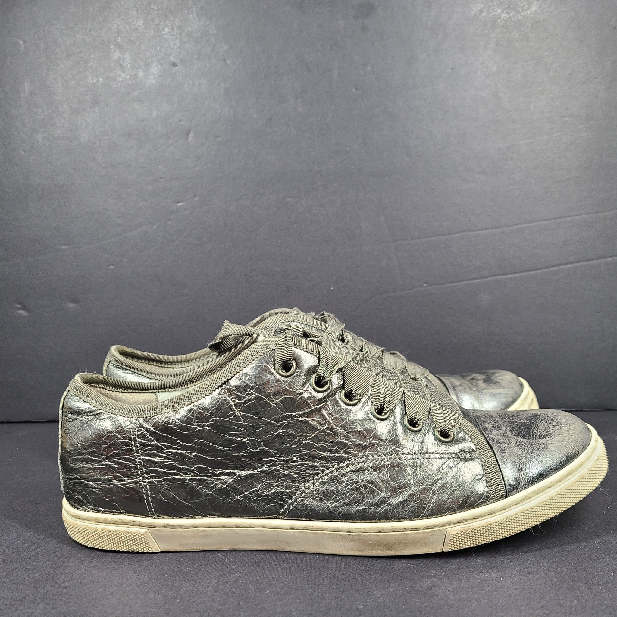 Lanvin Women's Patent Cap Toe Leather Fashion Sneaker Metallic Gray Size 8 (39)