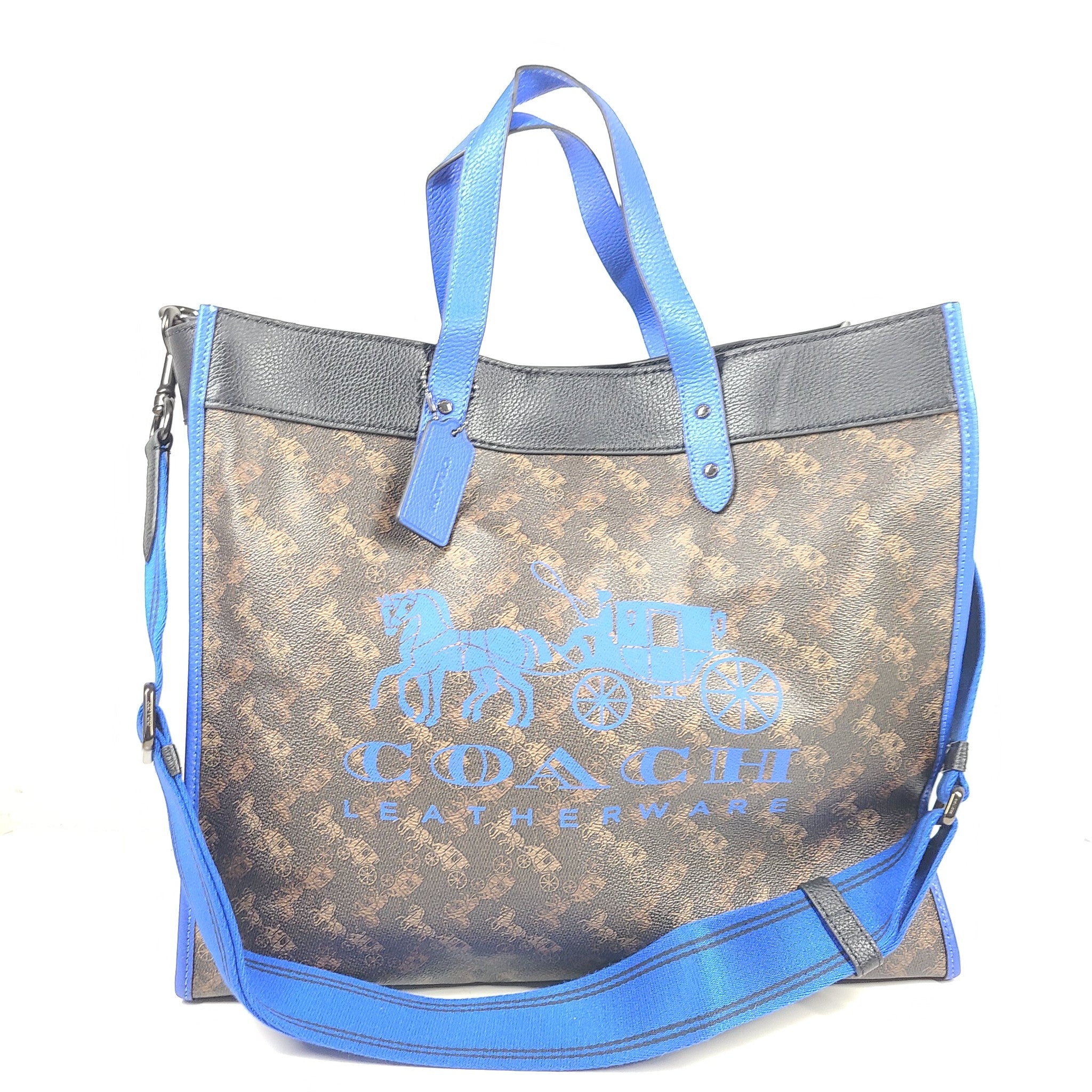 NWT Coach Field Tote Bag 40 With Horse Carriage Print Black Brown Blue C8446