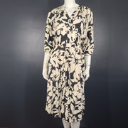 Reserved Midi Dress V-Neck Belted Viscose Floral Pattern Black White Sz 4 (34)