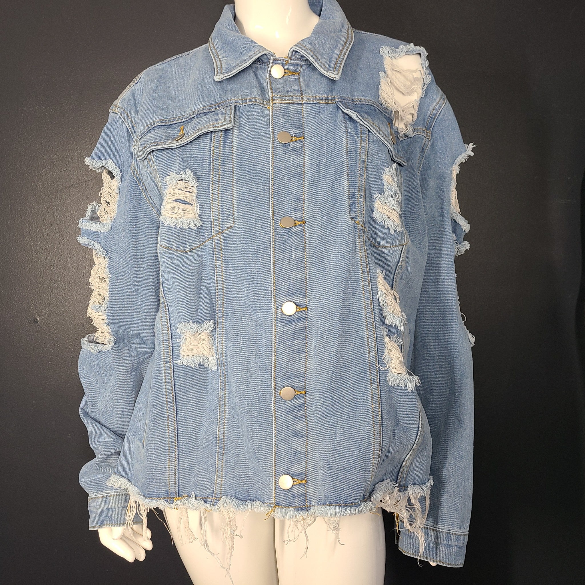 PrettyLittleThing Plus Oversized Denim Jacket Distressed Light Blue Sz 18