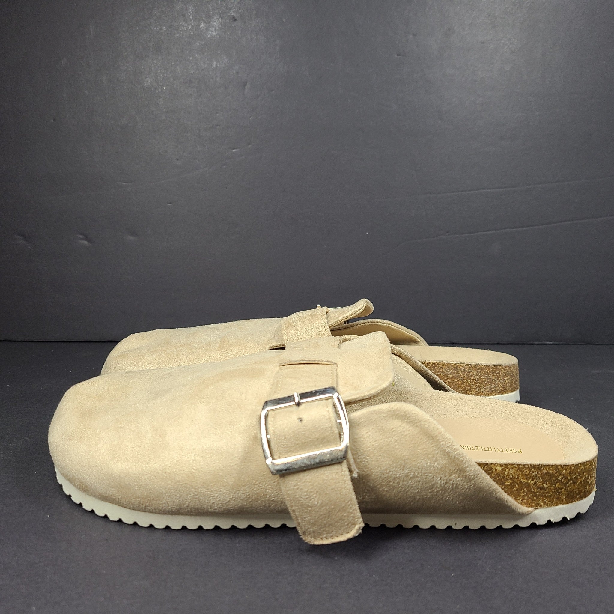 Pretty Little Thing Women's Faux Suede Buckled Mule Clogs Cozy Beige Sz 8