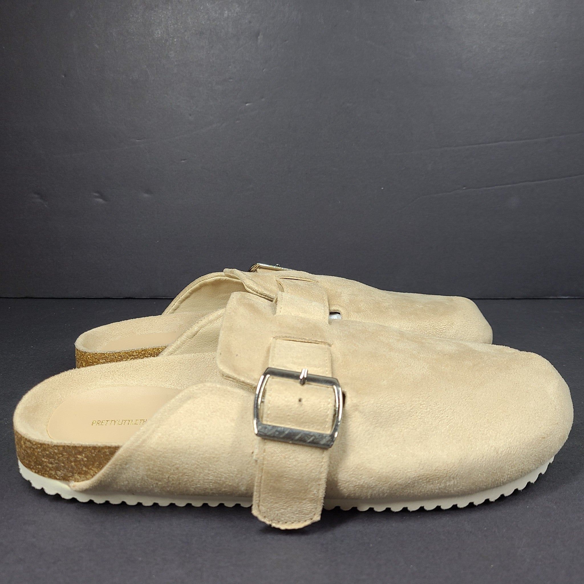 Pretty Little Thing Women's Faux Suede Buckled Mule Clogs Cozy Beige Sz 8