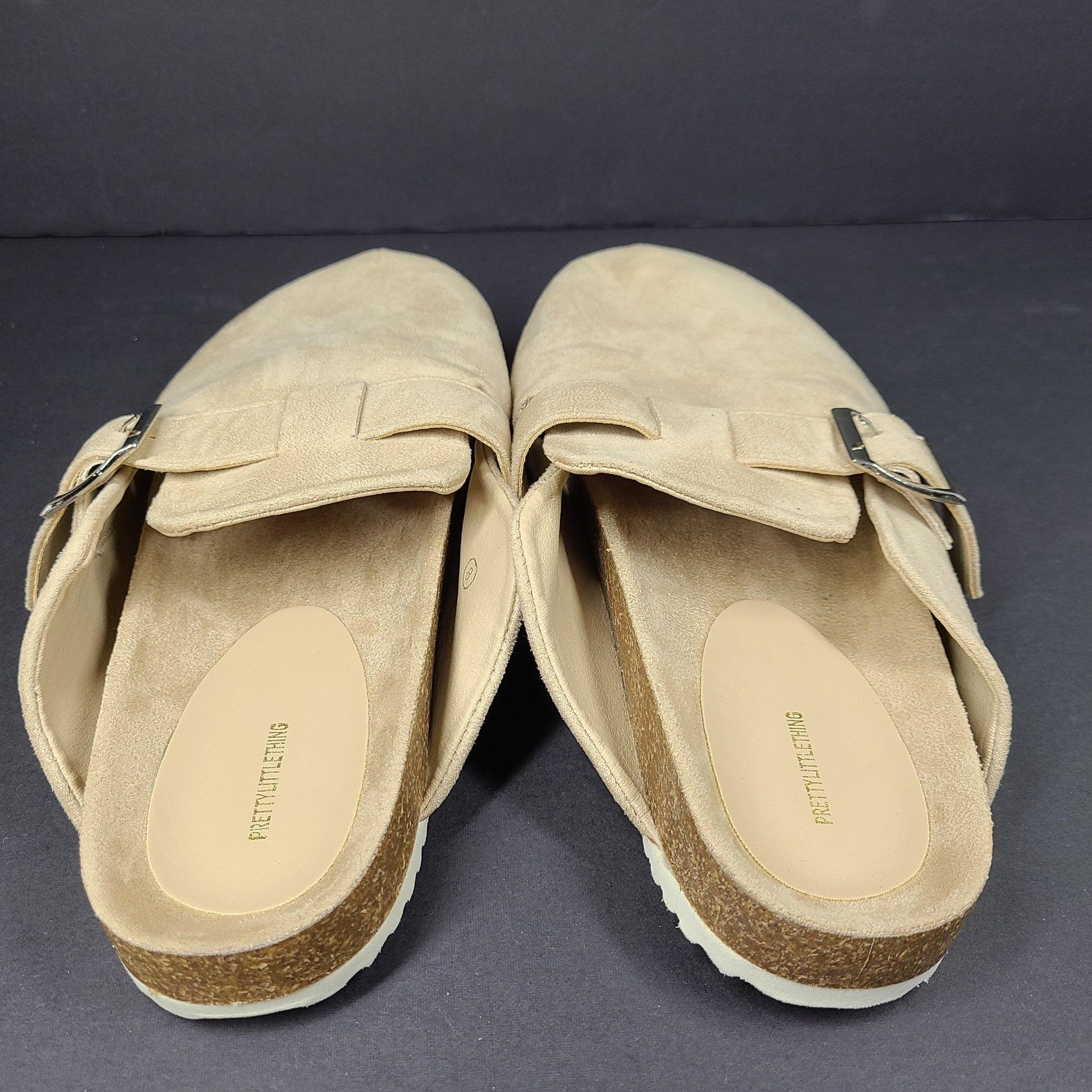 Pretty Little Thing Women's Faux Suede Buckled Mule Clogs Cozy Beige Sz 8